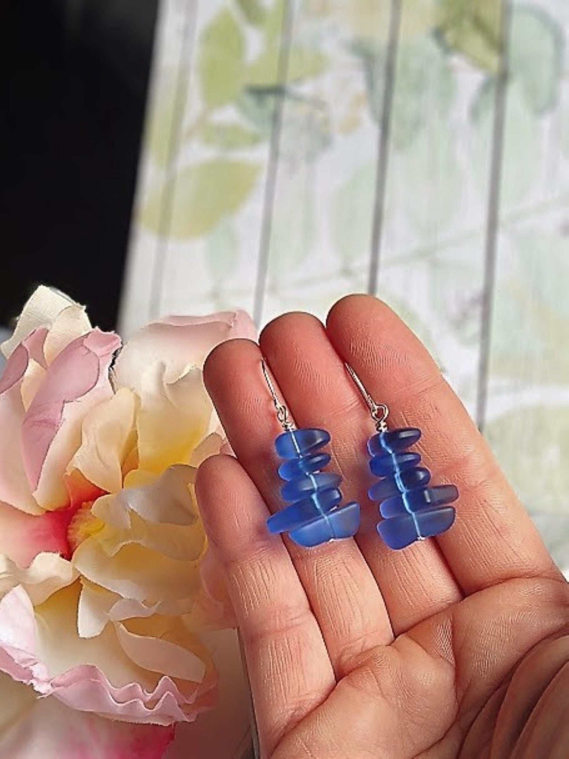 Cobalt Blue Pebble Shaped Frosted Sea Glass Silver Ladies Dangle Earrings- Seaglass Beach Jewelry-Gift For Beach Lover's - Bad Apple Designs Jewelry