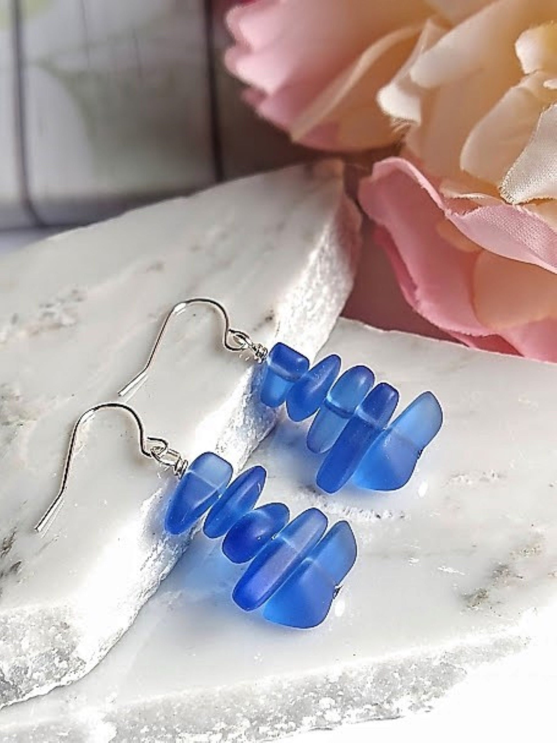 Cobalt Blue Pebble Shaped Frosted Sea Glass Silver Ladies Dangle Earrings- Seaglass Beach Jewelry-Gift For Beach Lover's - Bad Apple Designs Jewelry