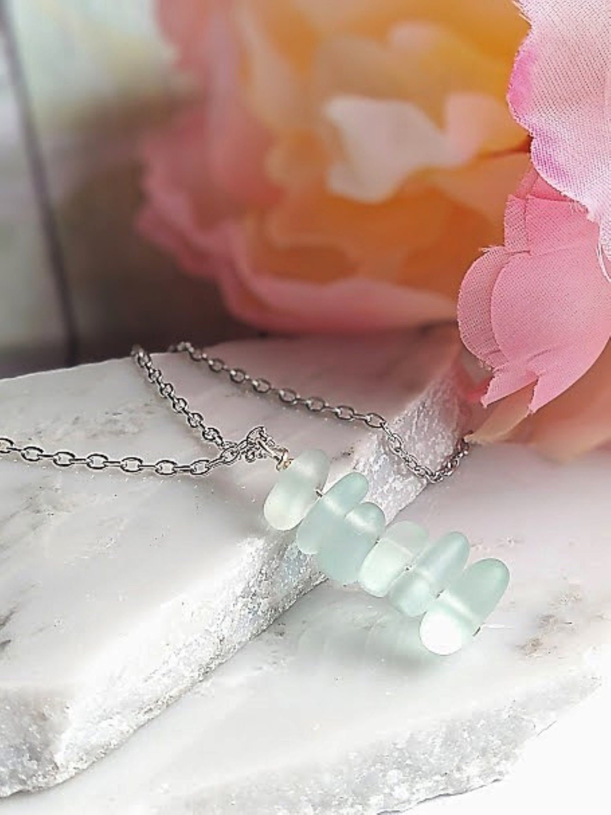 Aqua Blue Stacked Sea Glass Beach Pendant Necklace, Ocean Lover's Gift, Beach Jewelry, Sterling Silver Necklace, Gift For Her, Unique - Bad Apple Designs Jewelry