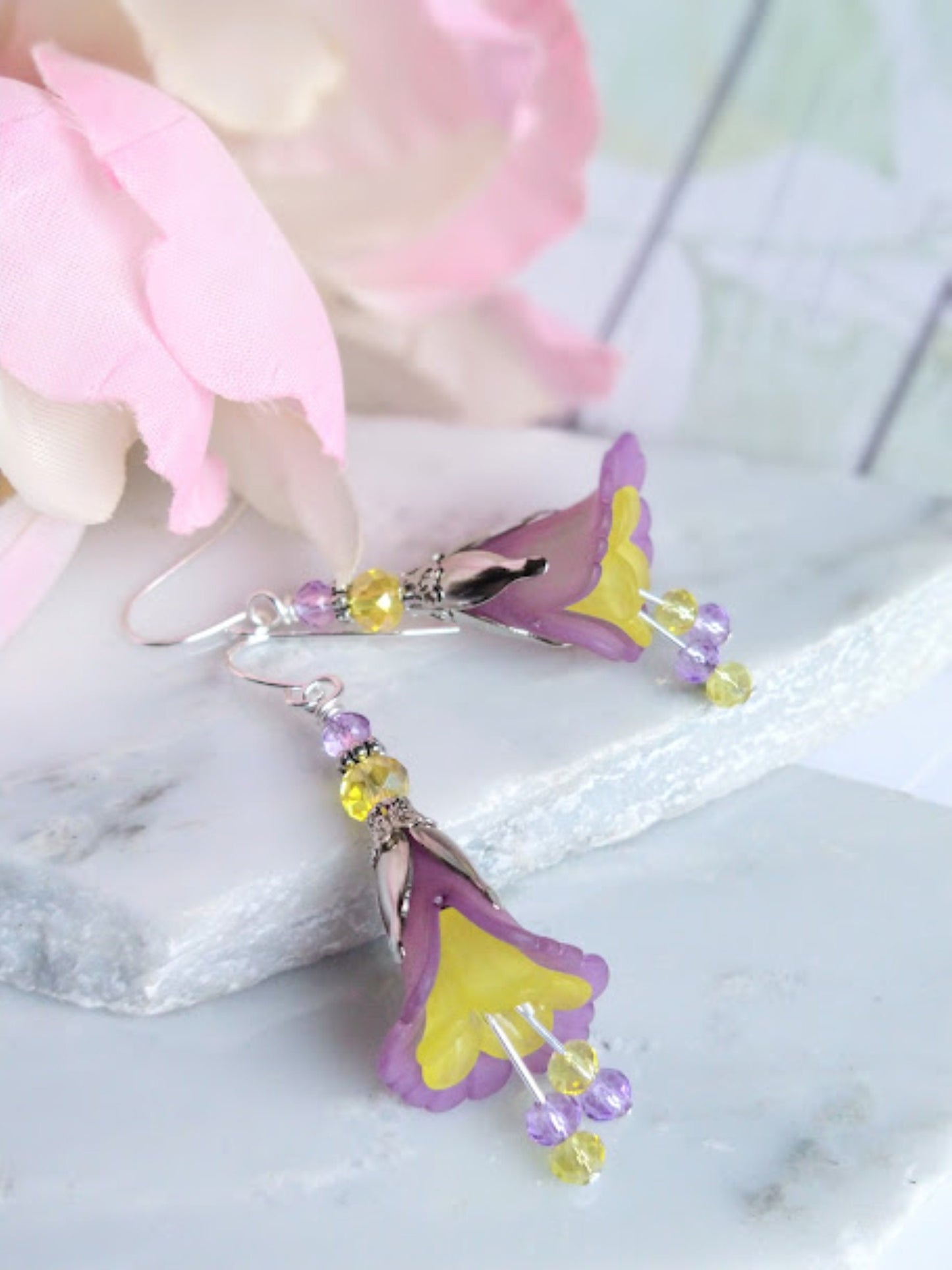 Flower Earrings, Purple & Yellow Floral Dangle Earrings, Garden Party Earrings, Boho Earrings, Lucite Earrings, Bohemian Jewelry - Bad Apple Designs Jewelry