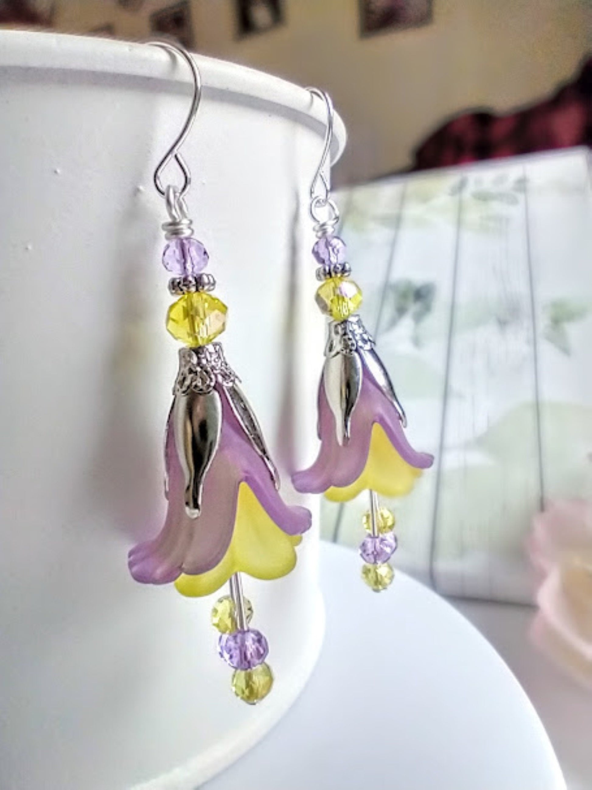 Flower Earrings, Purple & Yellow Floral Dangle Earrings, Garden Party Earrings, Boho Earrings, Lucite Earrings, Bohemian Jewelry - Bad Apple Designs Jewelry
