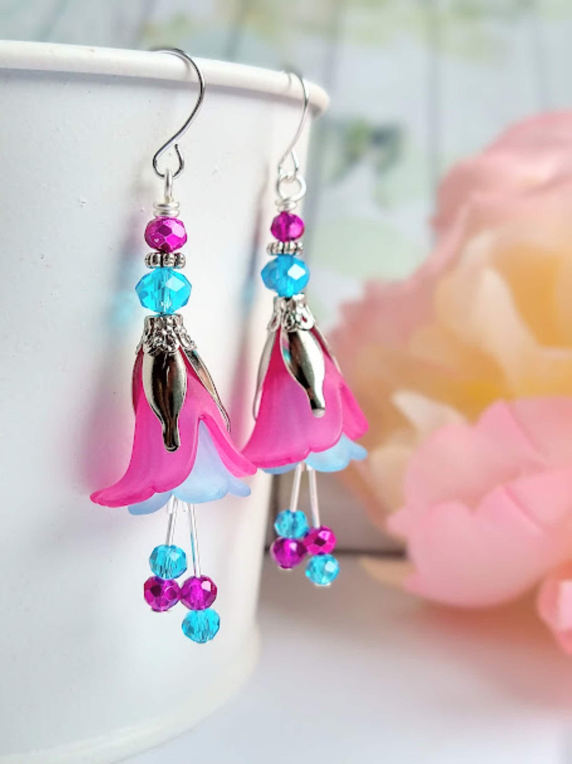 Flower Earrings, Pink & Blue Floral Dangle Earrings, Garden Party Earrings, Flower Girl, Bridal Earrings, Floral Drop Earrings - Bad Apple Designs Jewelry