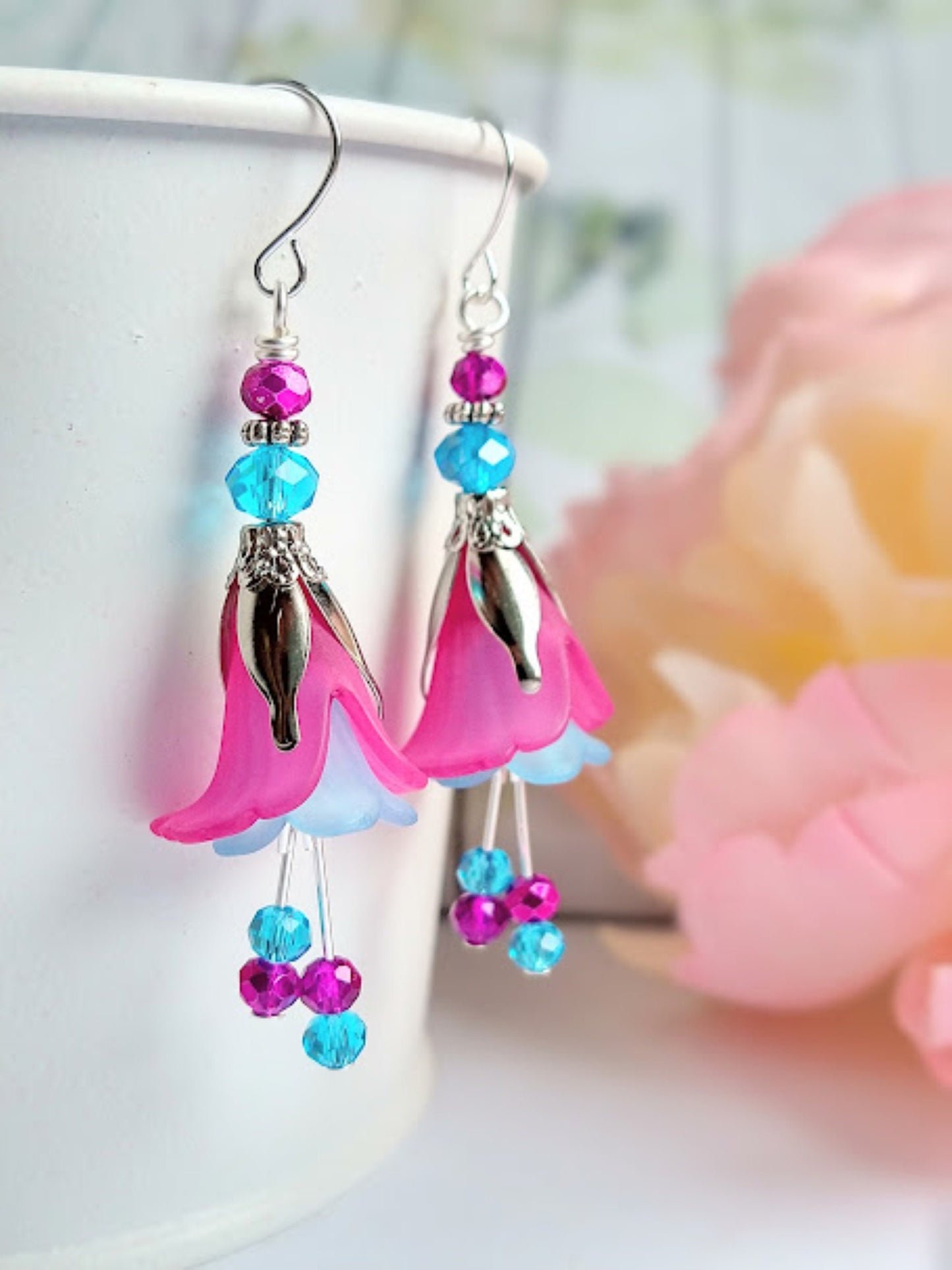 Flower Earrings, Pink & Blue Floral Dangle Earrings, Boho Dangle Earrings, Lucite Flower Earrings, Bohemian Earrings - Bad Apple Designs Jewelry
