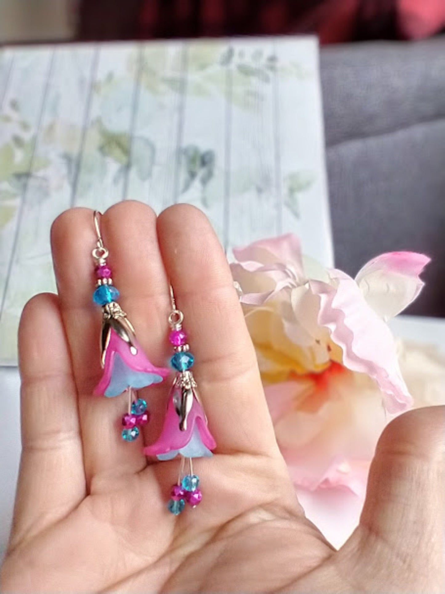 Flower Earrings, Pink & Blue Floral Dangle Earrings, Boho Dangle Earrings, Lucite Flower Earrings, Bohemian Earrings - Bad Apple Designs Jewelry