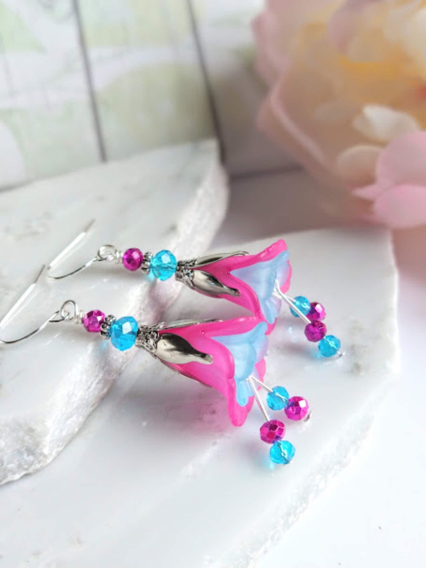 Flower Earrings, Pink & Blue Floral Dangle Earrings, Garden Party Earrings, Flower Girl, Bridal Earrings, Floral Drop Earrings - Bad Apple Designs Jewelry