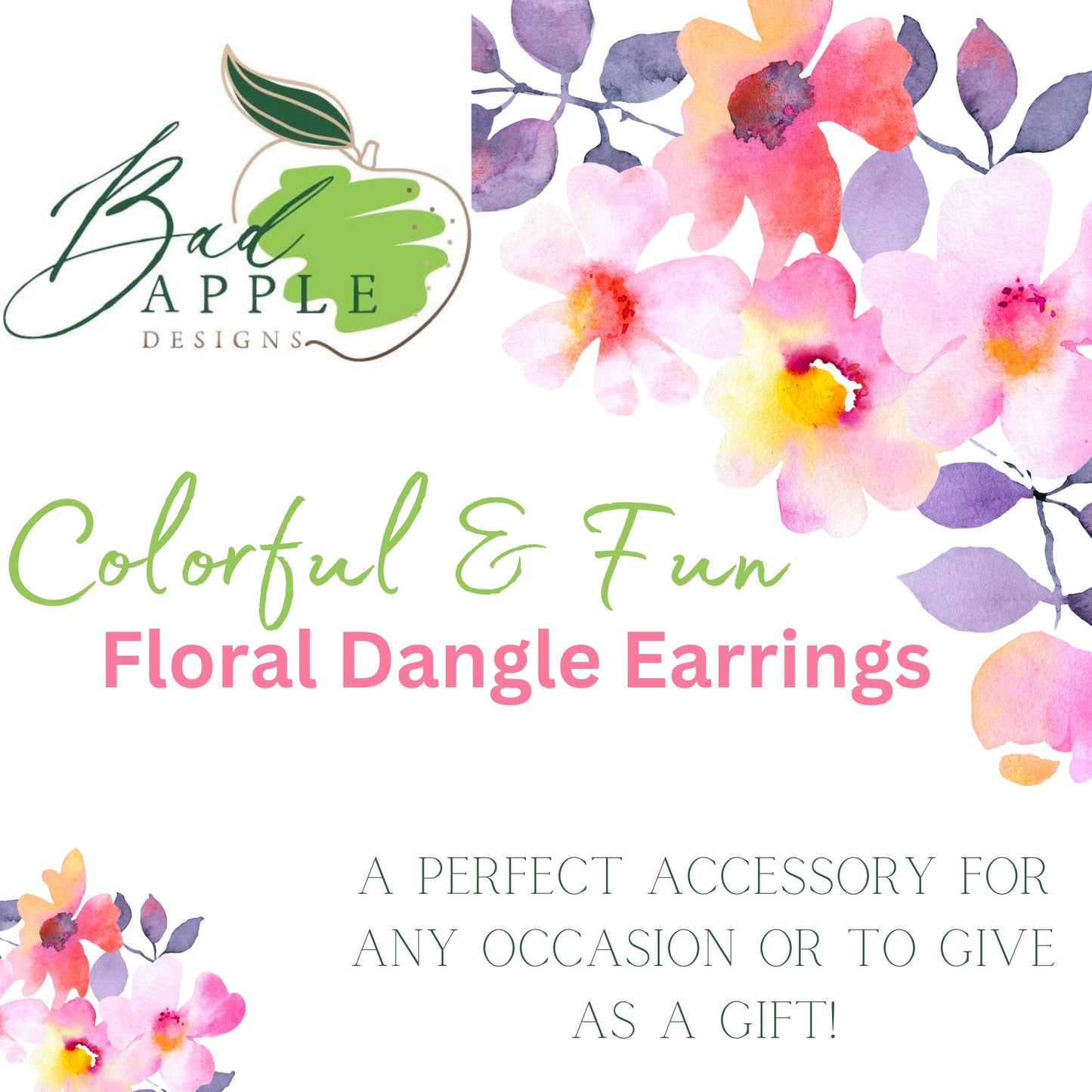 Flower Earrings, Green & Blue Floral Dangle Earrings, Garden Party Earrings, Flower Girl, Bridal Earrings, Floral Drop Earrings - Bad Apple Designs Jewelry