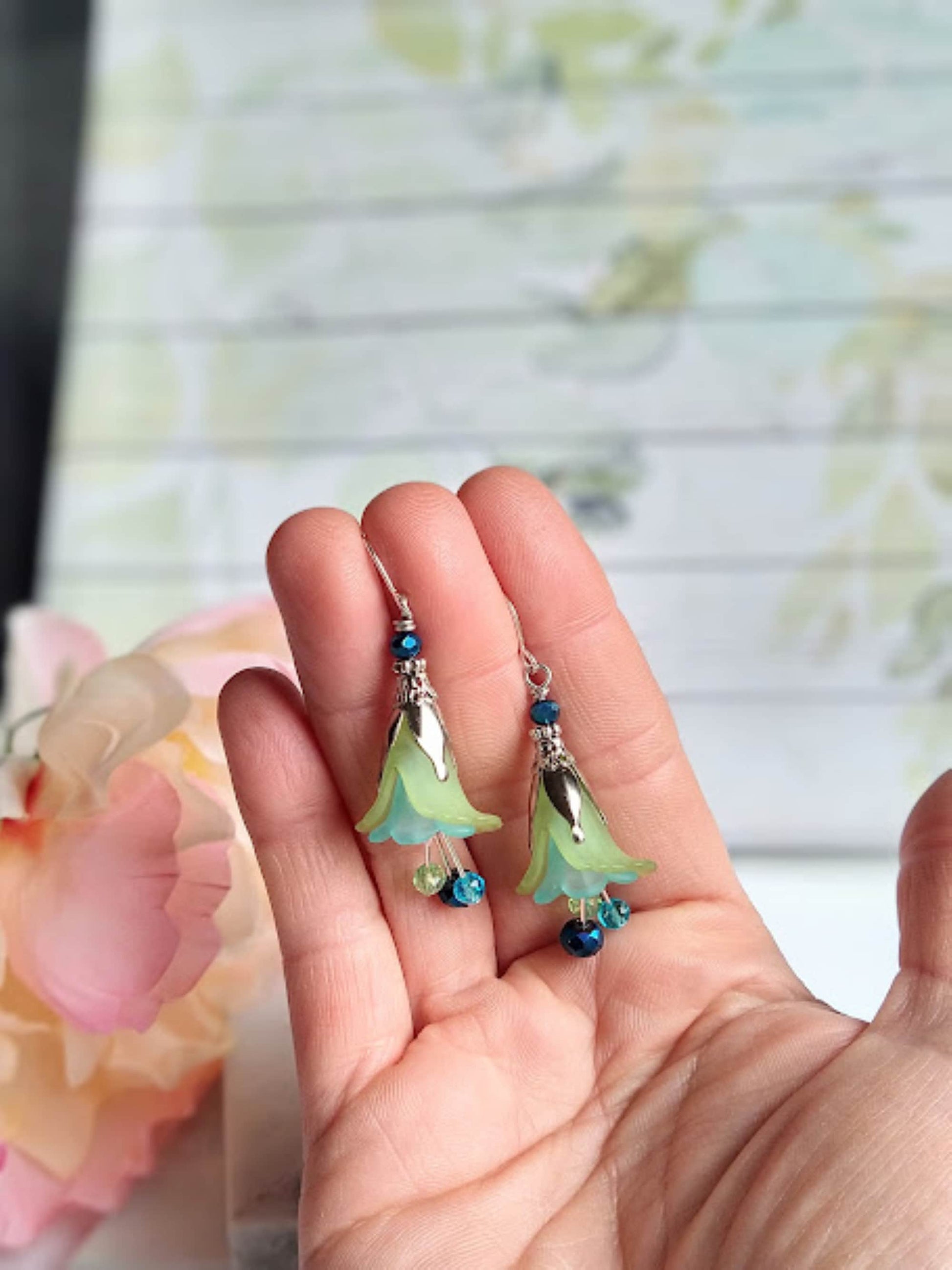 Flower Earrings, Green & Blue Floral Dangle Earrings, Garden Party Earrings, Flower Girl, Bridal Earrings, Floral Drop Earrings - Bad Apple Designs Jewelry