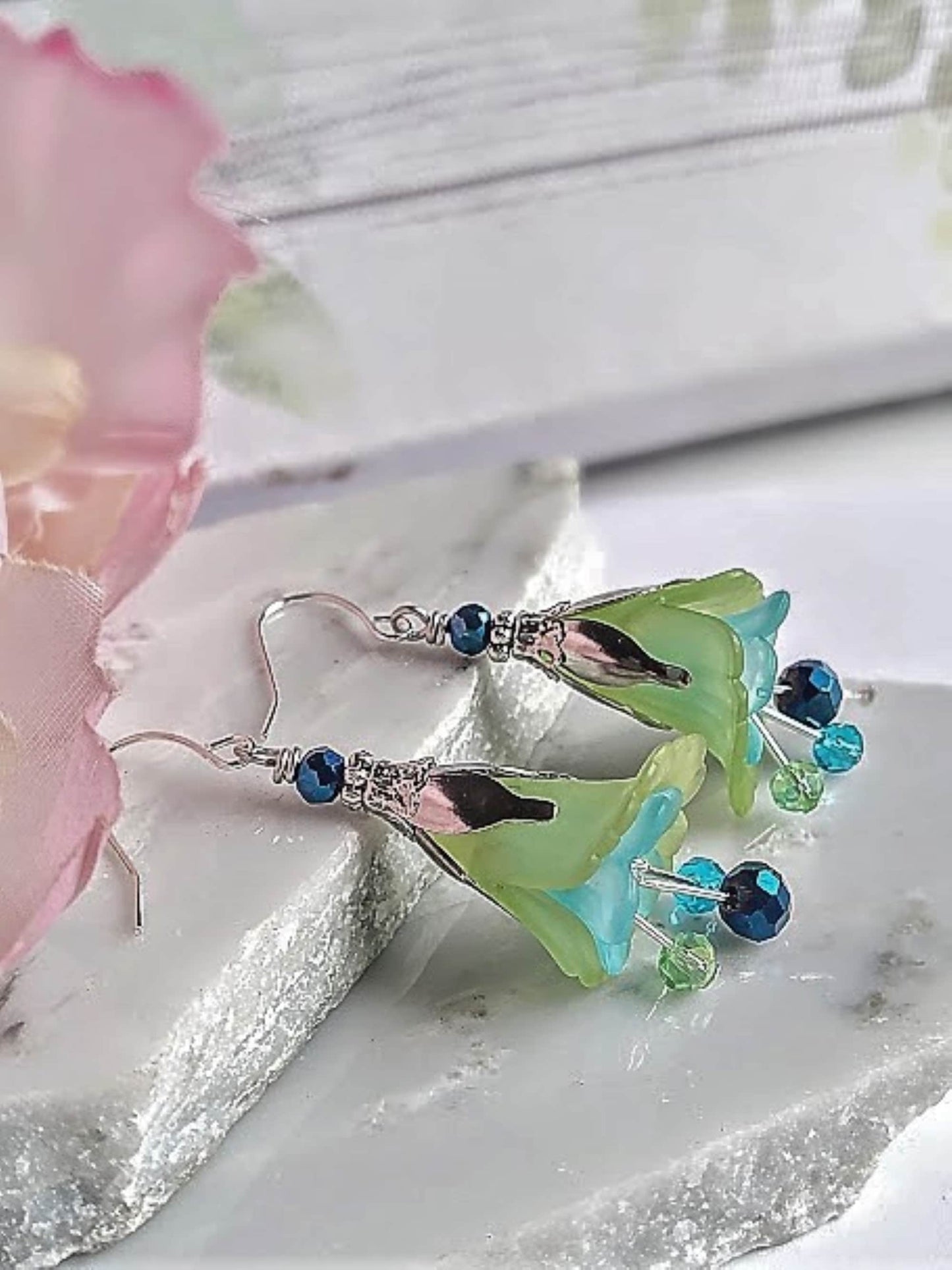 Flower Earrings, Green & Blue Floral Dangle Earrings, Garden Party Earrings, Flower Girl, Bridal Earrings, Floral Drop Earrings - Bad Apple Designs Jewelry