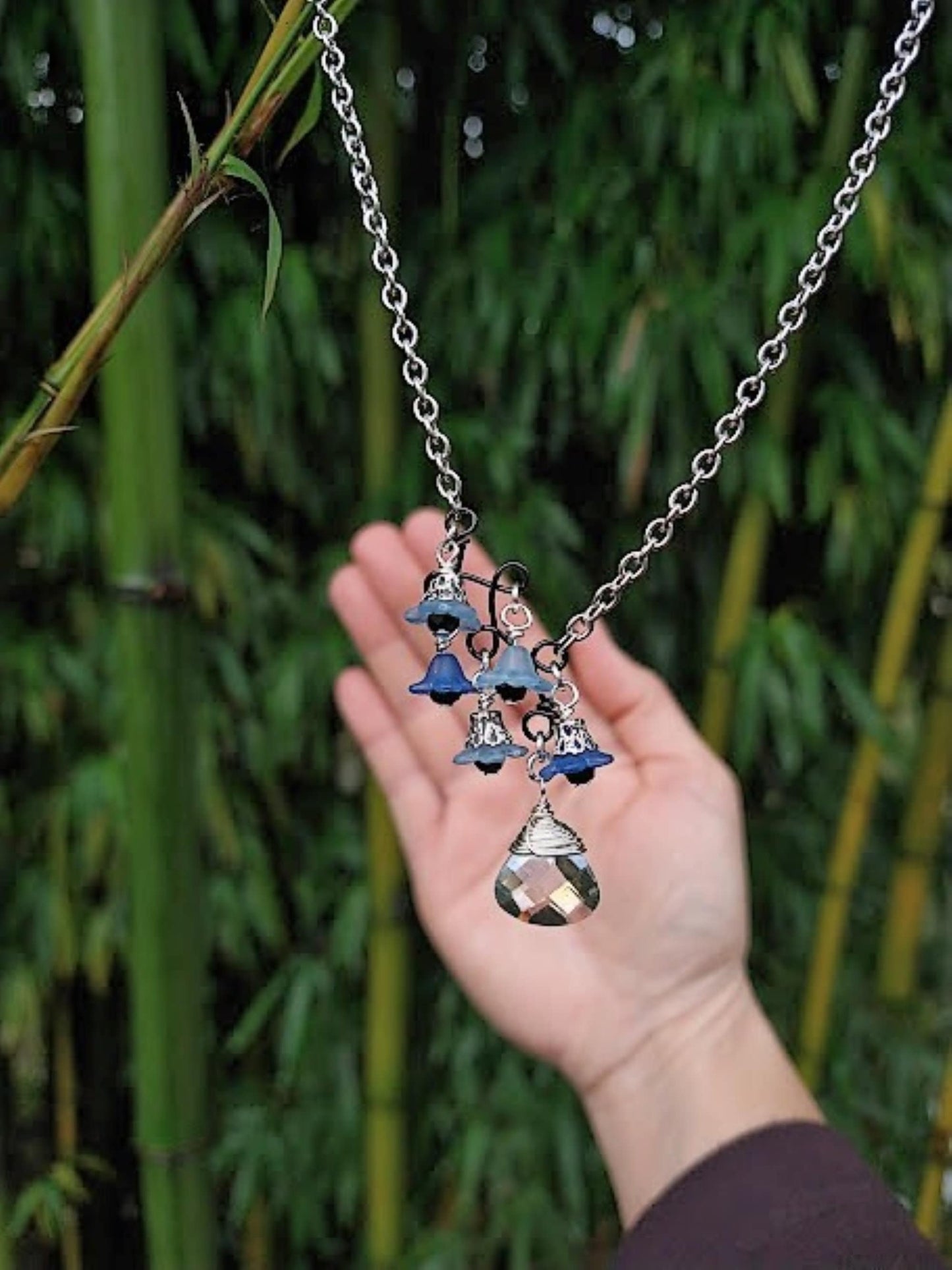 Flower Necklace, Black & Blue Floral Dangle Necklace, Art Deco Garden Party , Flower Girl, Bridal Necklace, Crystal Chain, Teardrop Pendant
