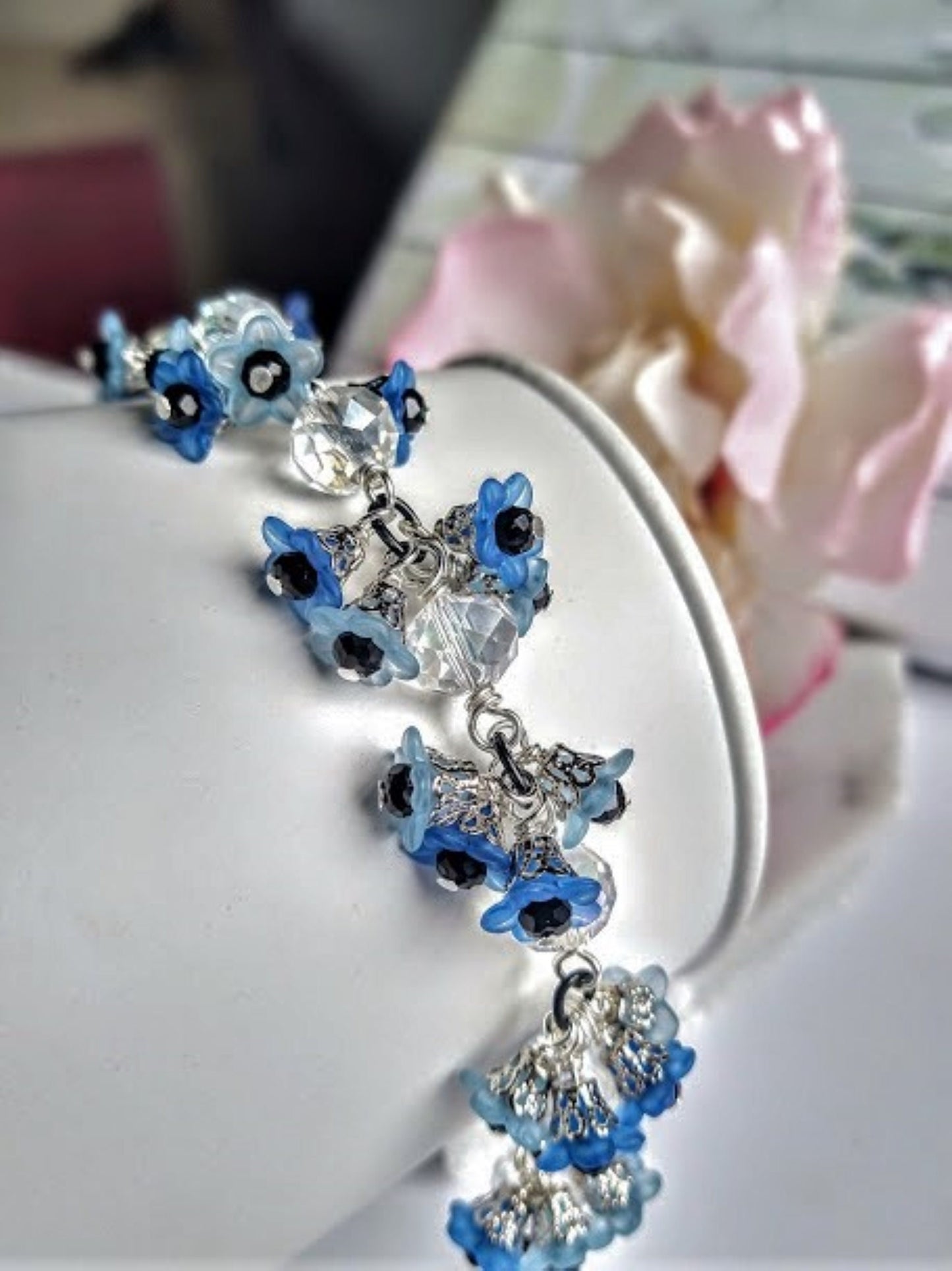 Flower Bracelet, Black & Blue Floral Dangle Bracelet, Garden Party , Flower Girl, Bridal Bracelet, Floral Cha Cha Bangle, Charm Bracelet