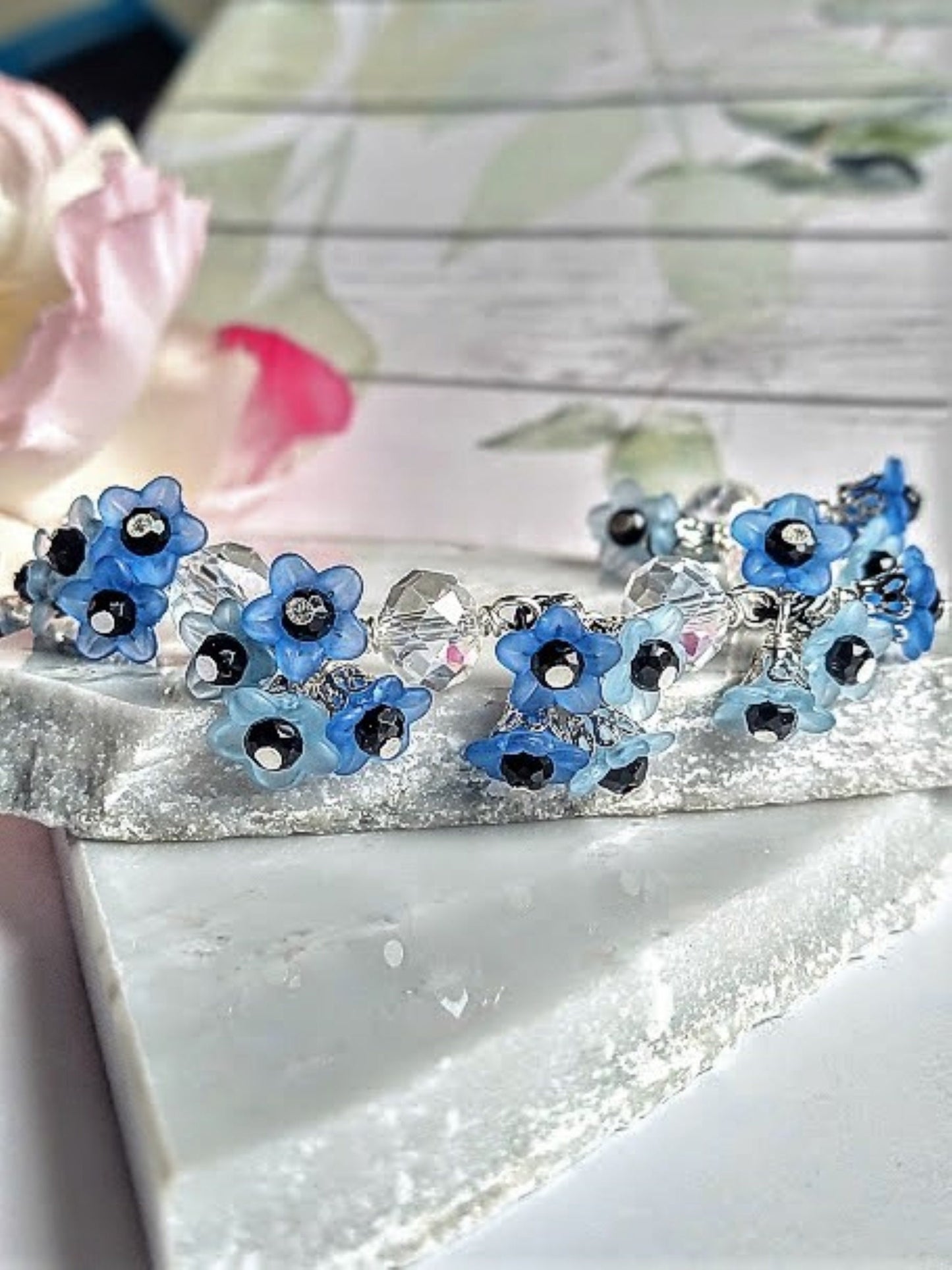 Flower Bracelet, Black & Blue Floral Dangle Bracelet, Garden Party , Flower Girl, Bridal Bracelet, Floral Cha Cha Bangle, Charm Bracelet