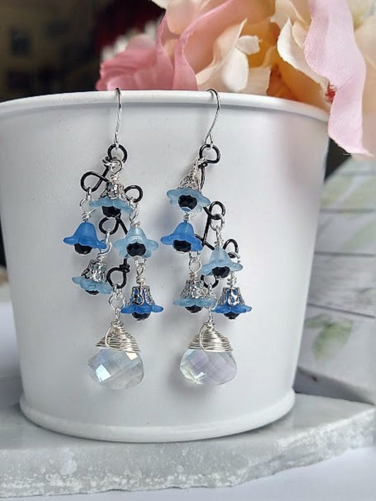 Flower Earrings, Black & Blue Floral Dangle Earrings, Garden Party Earrings, Flower Girl, Bridal Earrings, Floral Drop Earrings