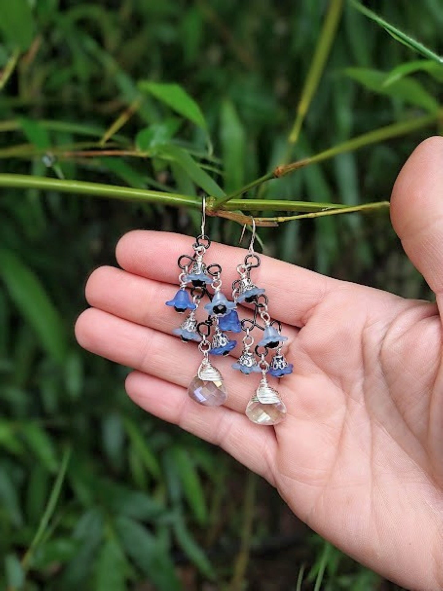 Flower Earrings, Black & Blue Floral Dangle Earrings, Garden Party Earrings, Flower Girl, Bridal Earrings, Floral Drop Earrings