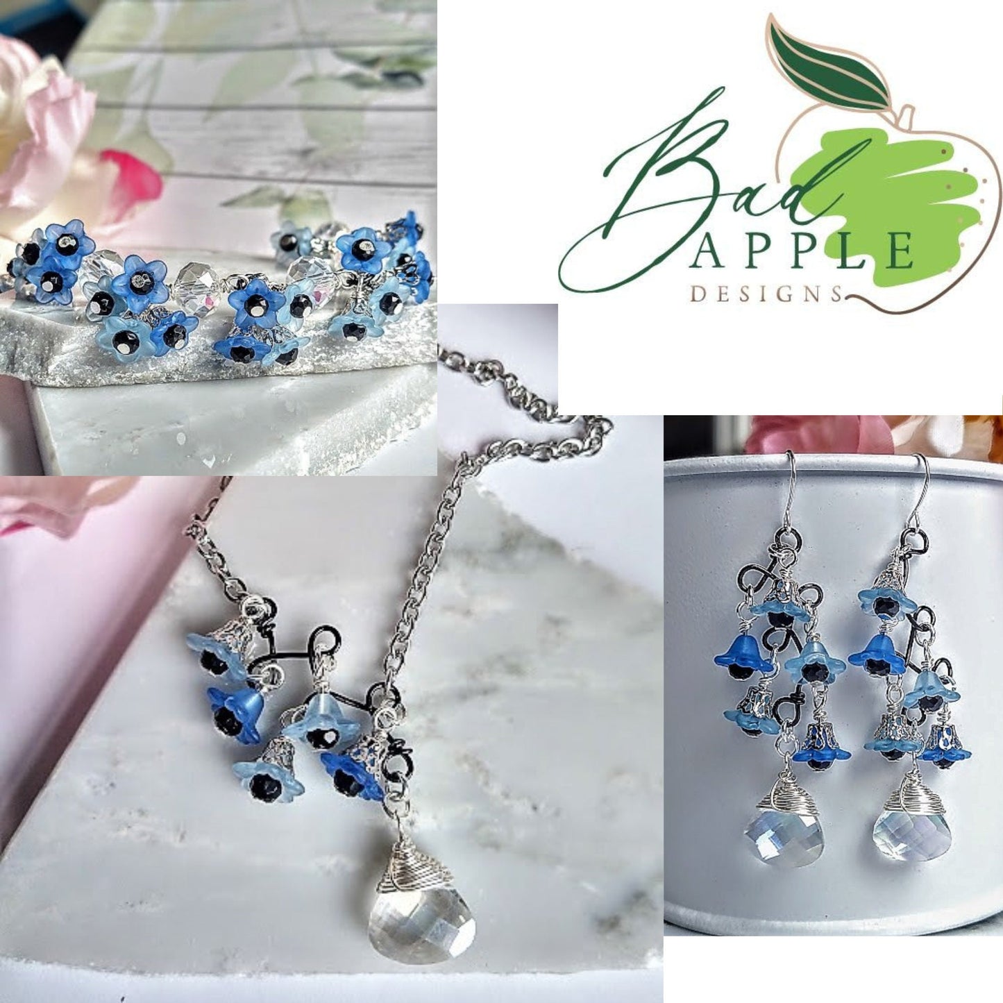 Flower Bracelet, Black & Blue Floral Dangle Bracelet, Garden Party , Flower Girl, Bridal Bracelet, Floral Cha Cha Bangle, Charm Bracelet