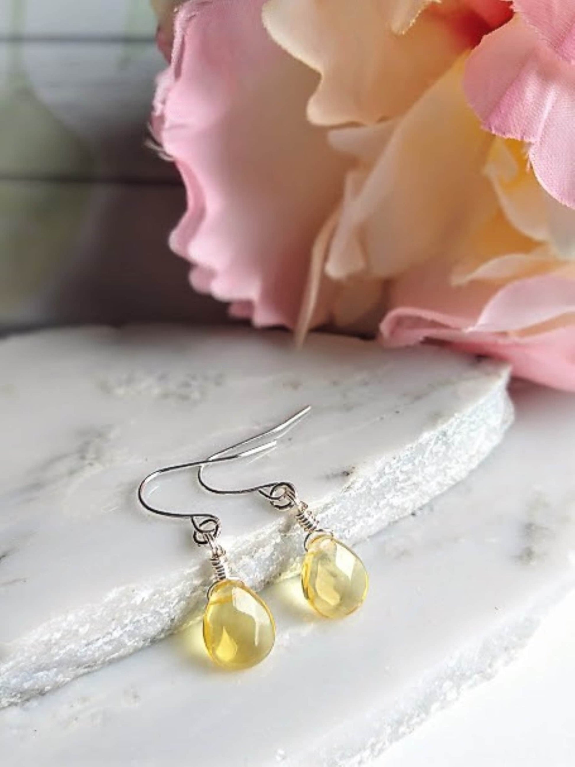 Citrine Earrings, November Birthstone, Yellow Teardrop Dangle Earrings, Minimalist Earrings Gold or Silver, Dainty Gemstone Jewelry Gift - Bad Apple Designs Jewelry