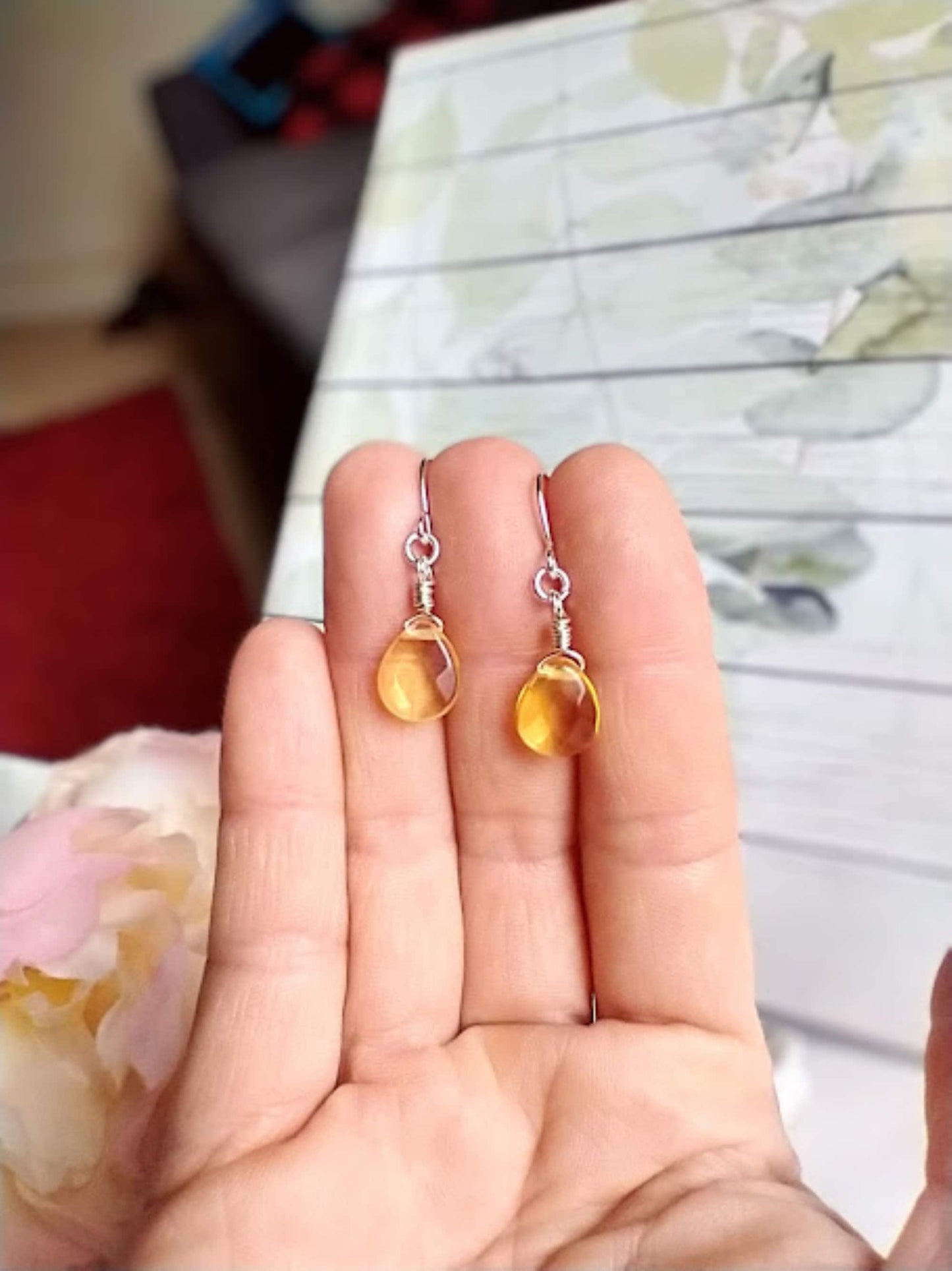 Citrine Earrings, November Birthstone, Yellow Teardrop Dangle Earrings, Minimalist Earrings Gold or Silver, Dainty Gemstone Jewelry Gift - Bad Apple Designs Jewelry
