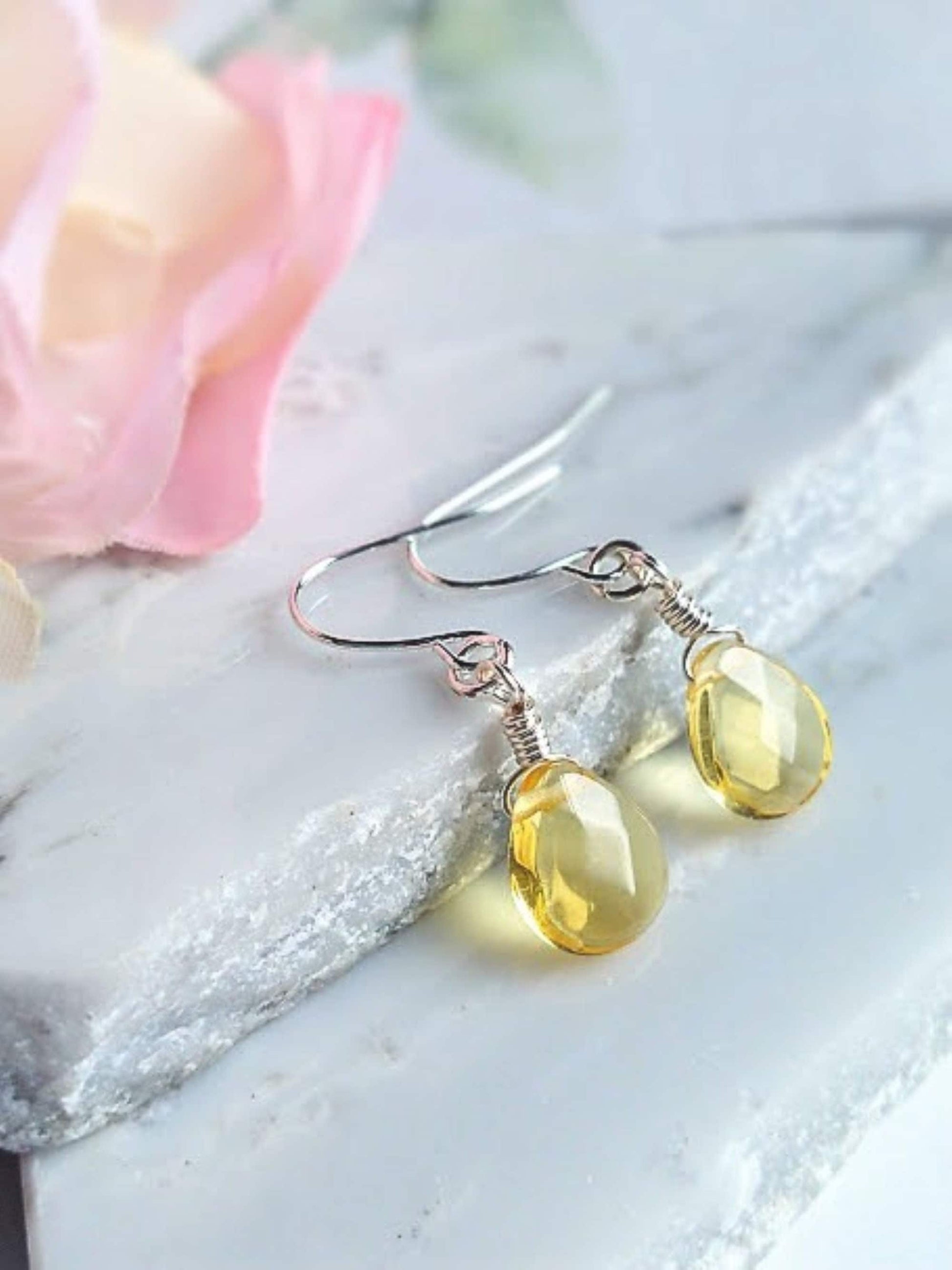 Citrine Earrings, November Birthstone, Yellow Teardrop Dangle Earrings, Minimalist Earrings Gold or Silver, Dainty Gemstone Jewelry Gift - Bad Apple Designs Jewelry