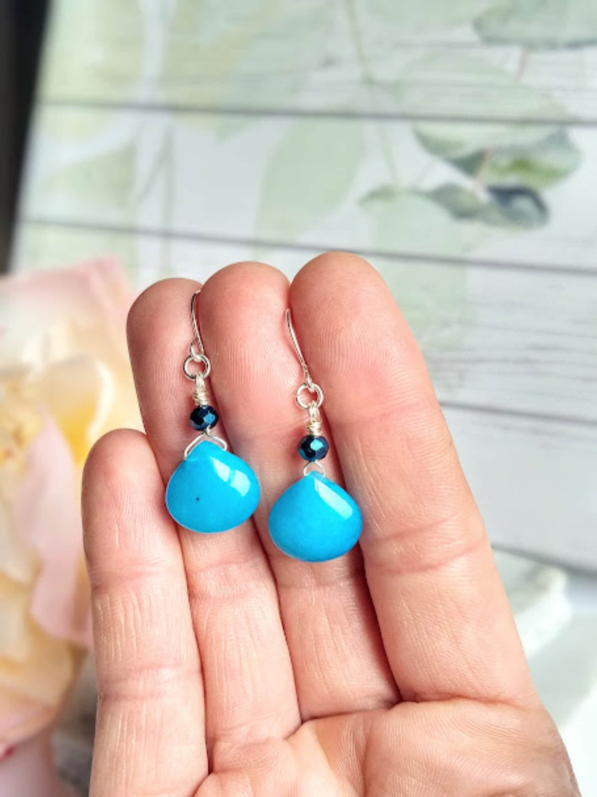 Blue Jade Earrings, Birthstone, Blue Teardrop Dangle Earrings, Minimalist Earrings Gold or Silver, Dainty Gemstone Jewelry Gift - Bad Apple Designs Jewelry