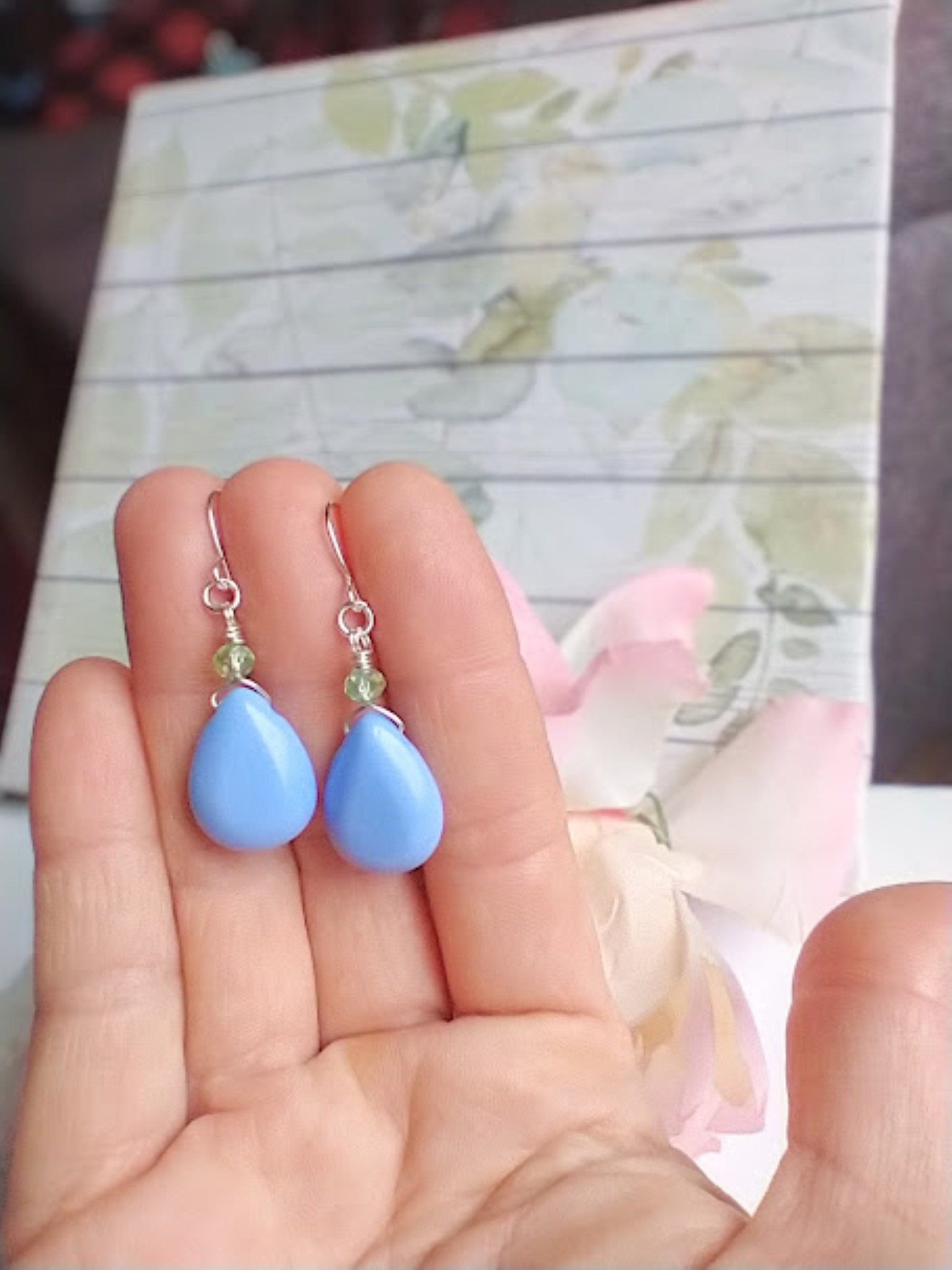 Blue Porcelain Earrings, Blue Teardrop Dangle Earrings, Minimalist Earrings Gold or Silver, Dainty Gemstone Jewelry Gift - Bad Apple Designs Jewelry