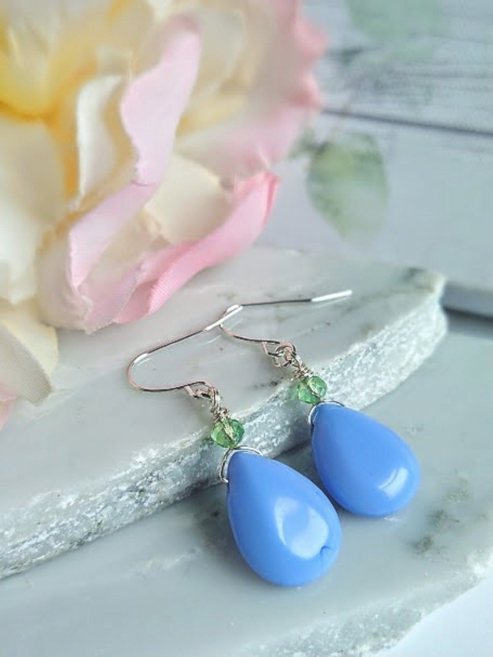 Blue Porcelain Earrings, Blue Teardrop Dangle Earrings, Minimalist Earrings Gold or Silver, Dainty Gemstone Jewelry Gift - Bad Apple Designs Jewelry