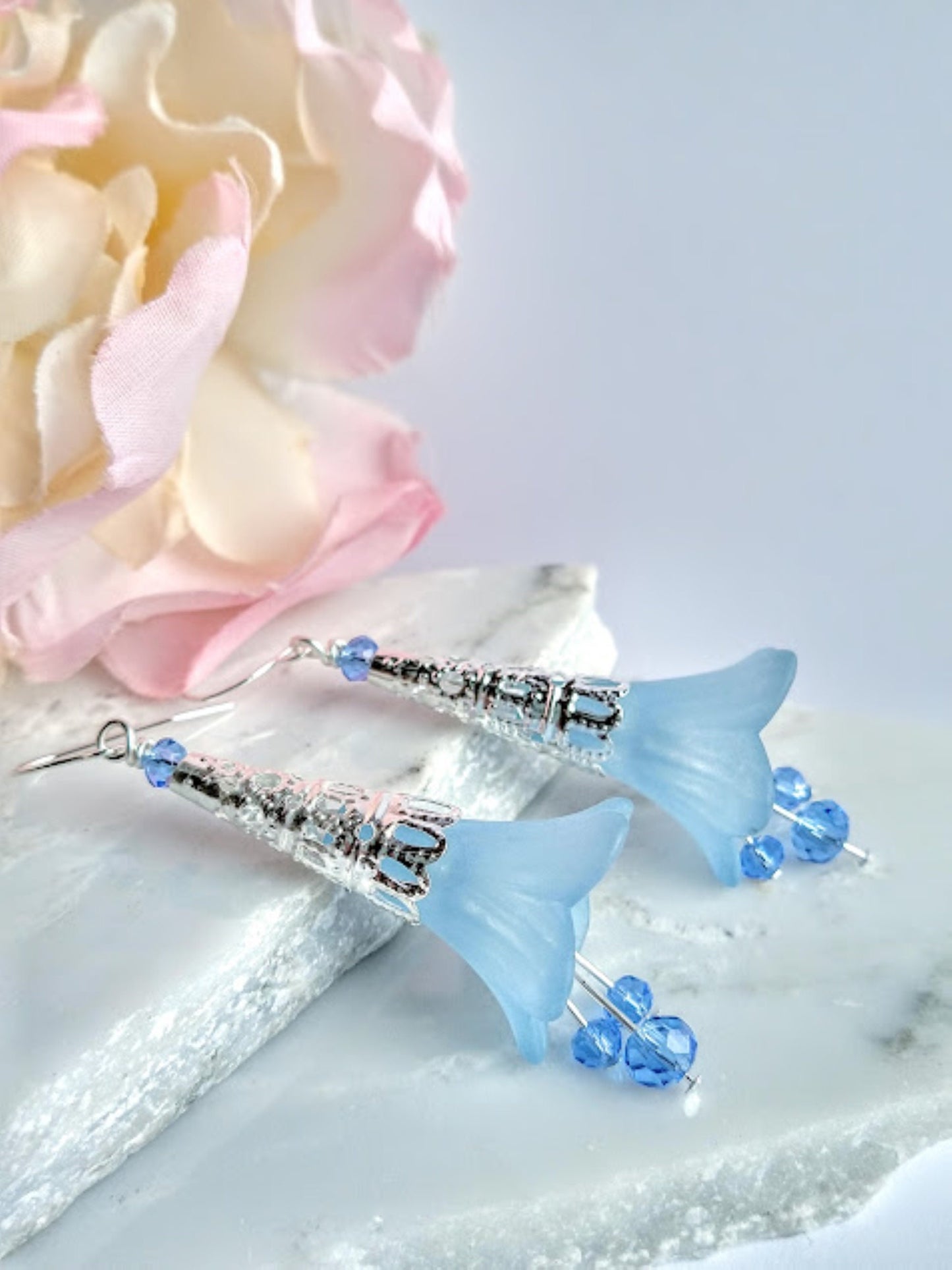 Blue Flower Silver Dangle Earrings, Floral Earrings, Flower Drop Earrings, Bridal Earrings - Bad Apple Designs Jewelry