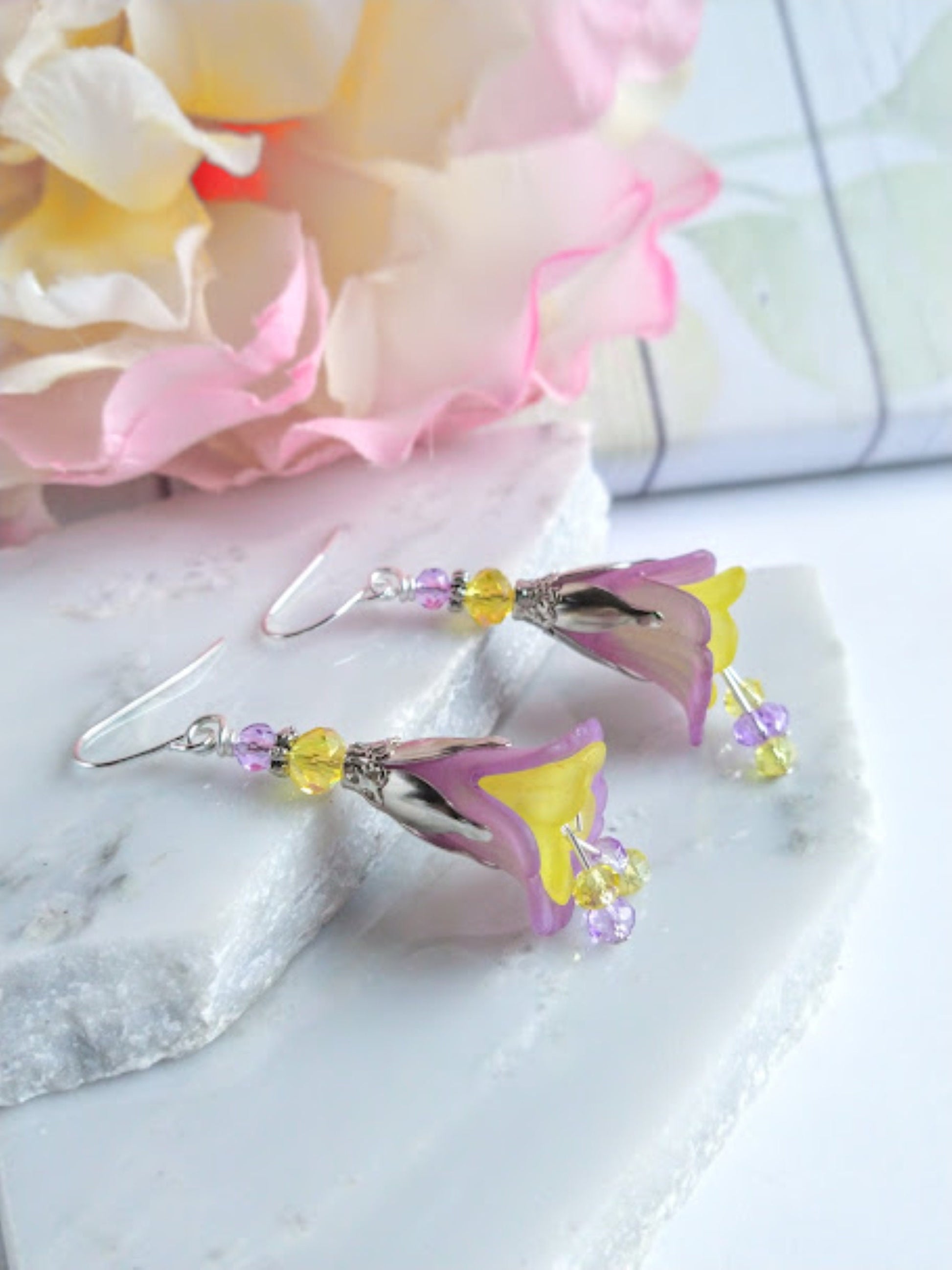 Flower Earrings, Purple & Yellow Floral Dangle Earrings, Garden Party Earrings, Boho Earrings, Lucite Earrings, Bohemian Jewelry - Bad Apple Designs Jewelry
