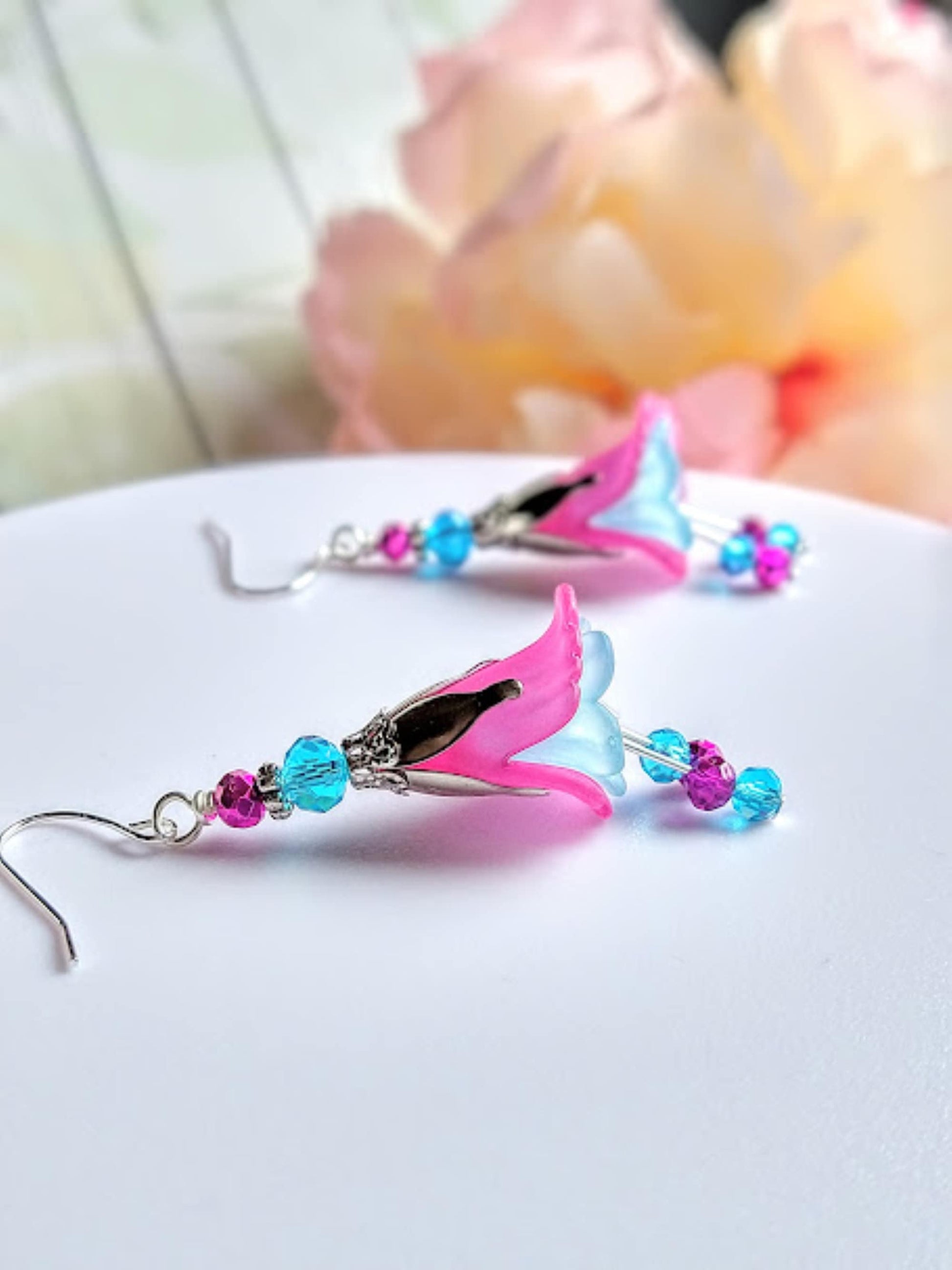 Flower Earrings, Pink & Blue Floral Dangle Earrings, Garden Party Earrings, Flower Girl, Bridal Earrings, Floral Drop Earrings - Bad Apple Designs Jewelry