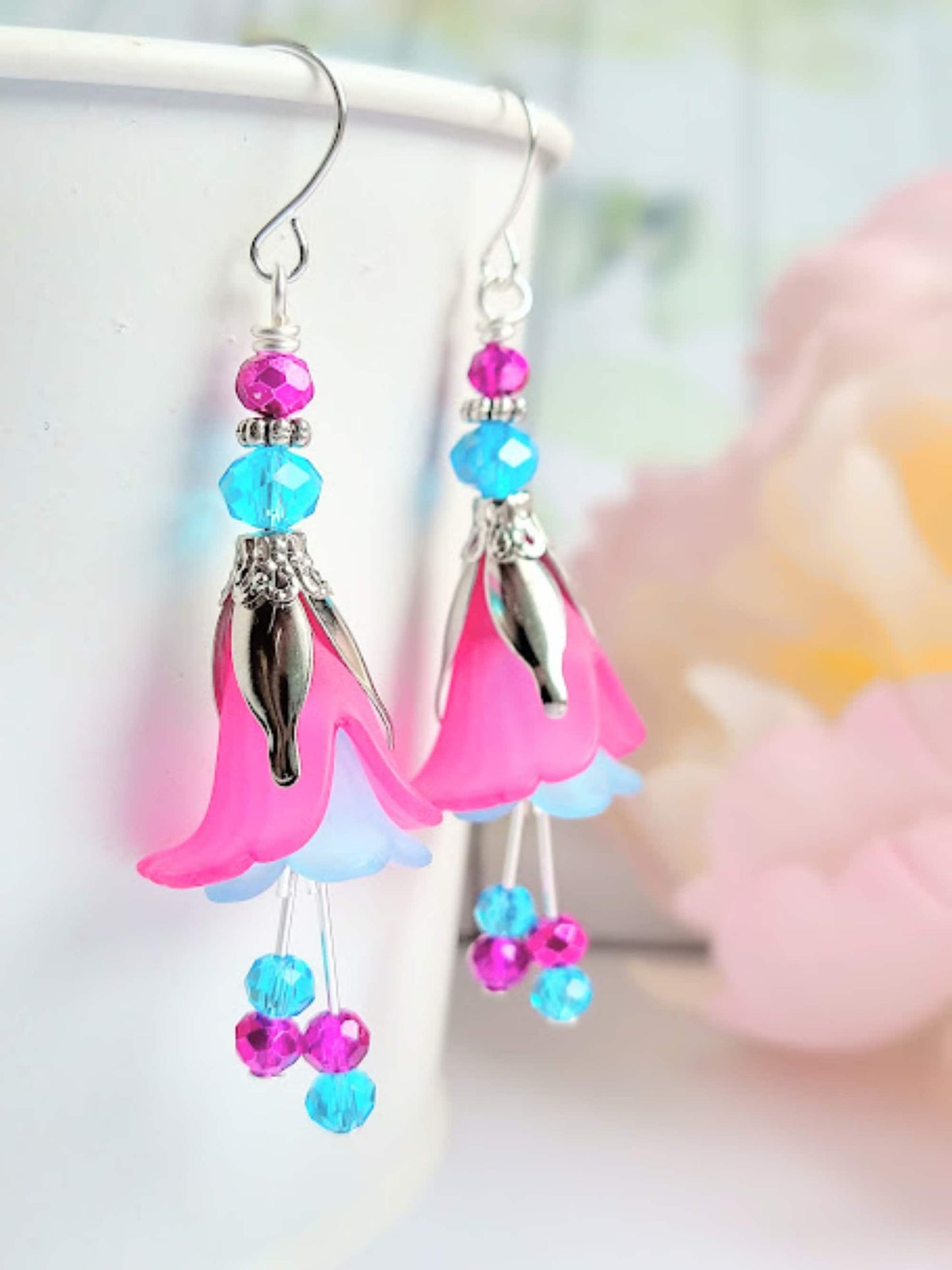 Flower Earrings, Pink & Blue Floral Dangle Earrings, Garden Party Earrings, Flower Girl, Bridal Earrings, Floral Drop Earrings - Bad Apple Designs Jewelry