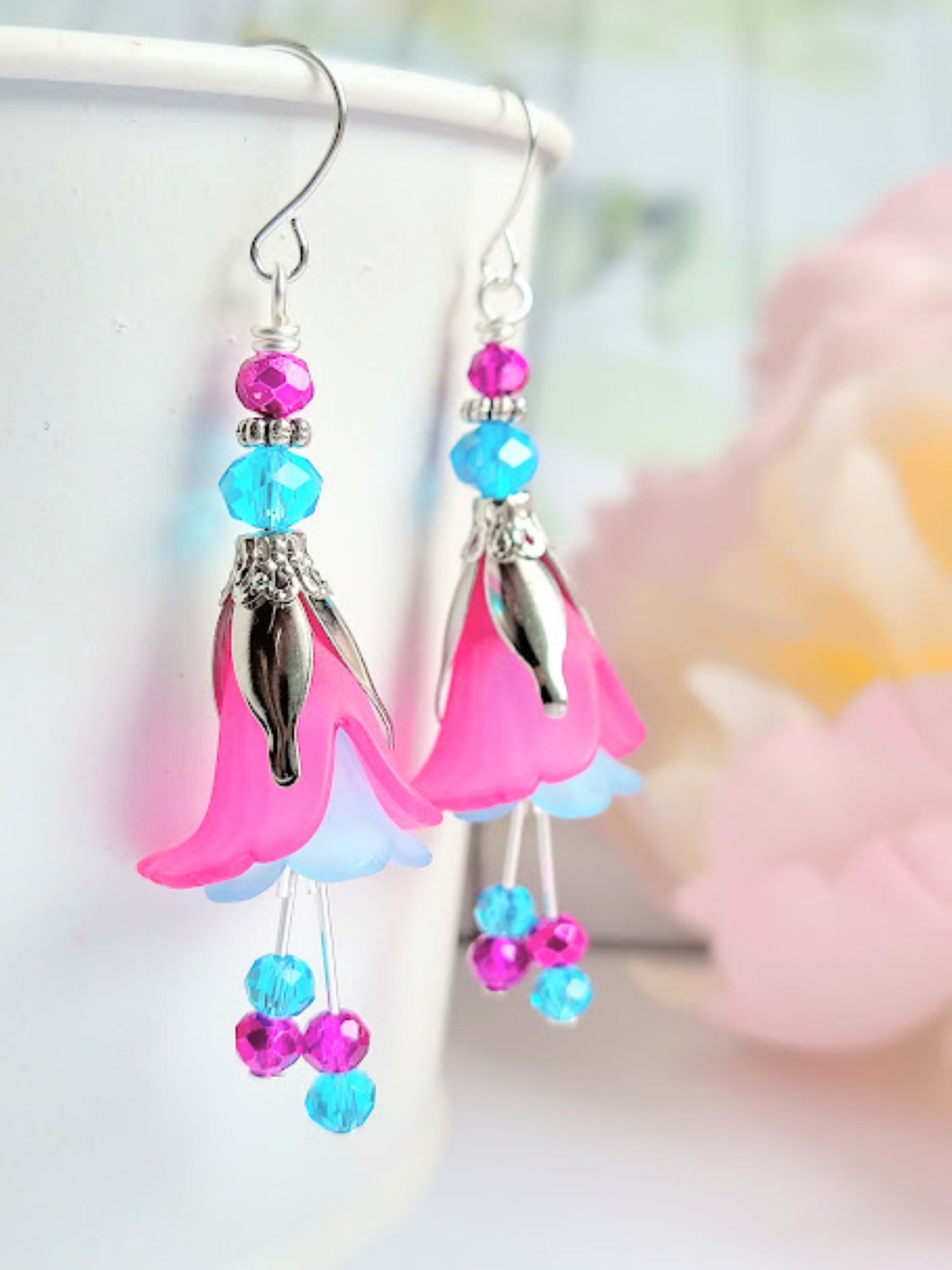 Flower Earrings, Pink & Blue Floral Dangle Earrings, Boho Dangle Earrings, Lucite Flower Earrings, Bohemian Earrings - Bad Apple Designs Jewelry