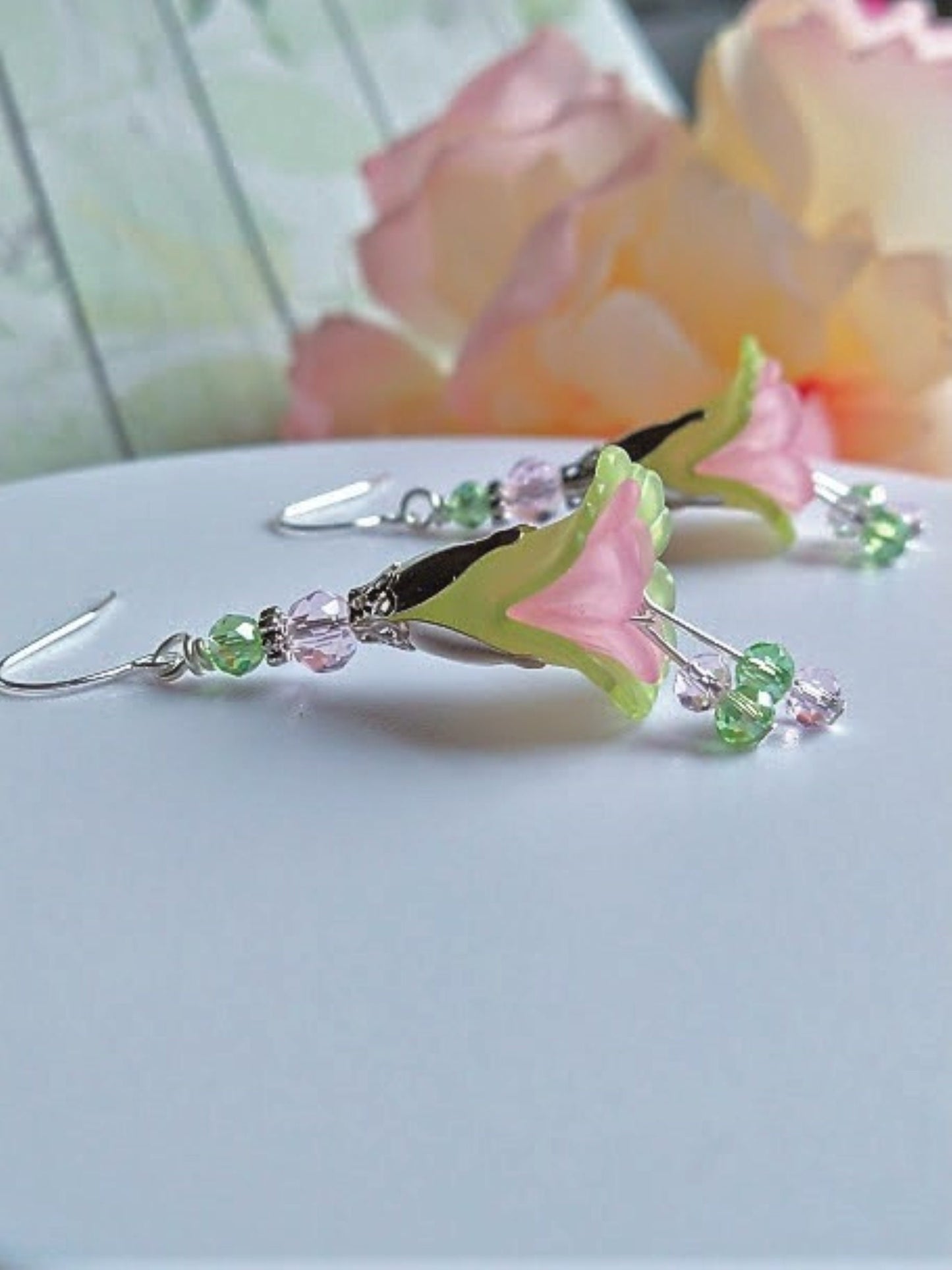 Flower Earrings, Green & Pink Floral Dangle Earrings, Garden Party Earrings, Flower Girl, Bridal Earrings, Floral Drop Earrings - Bad Apple Designs Jewelry
