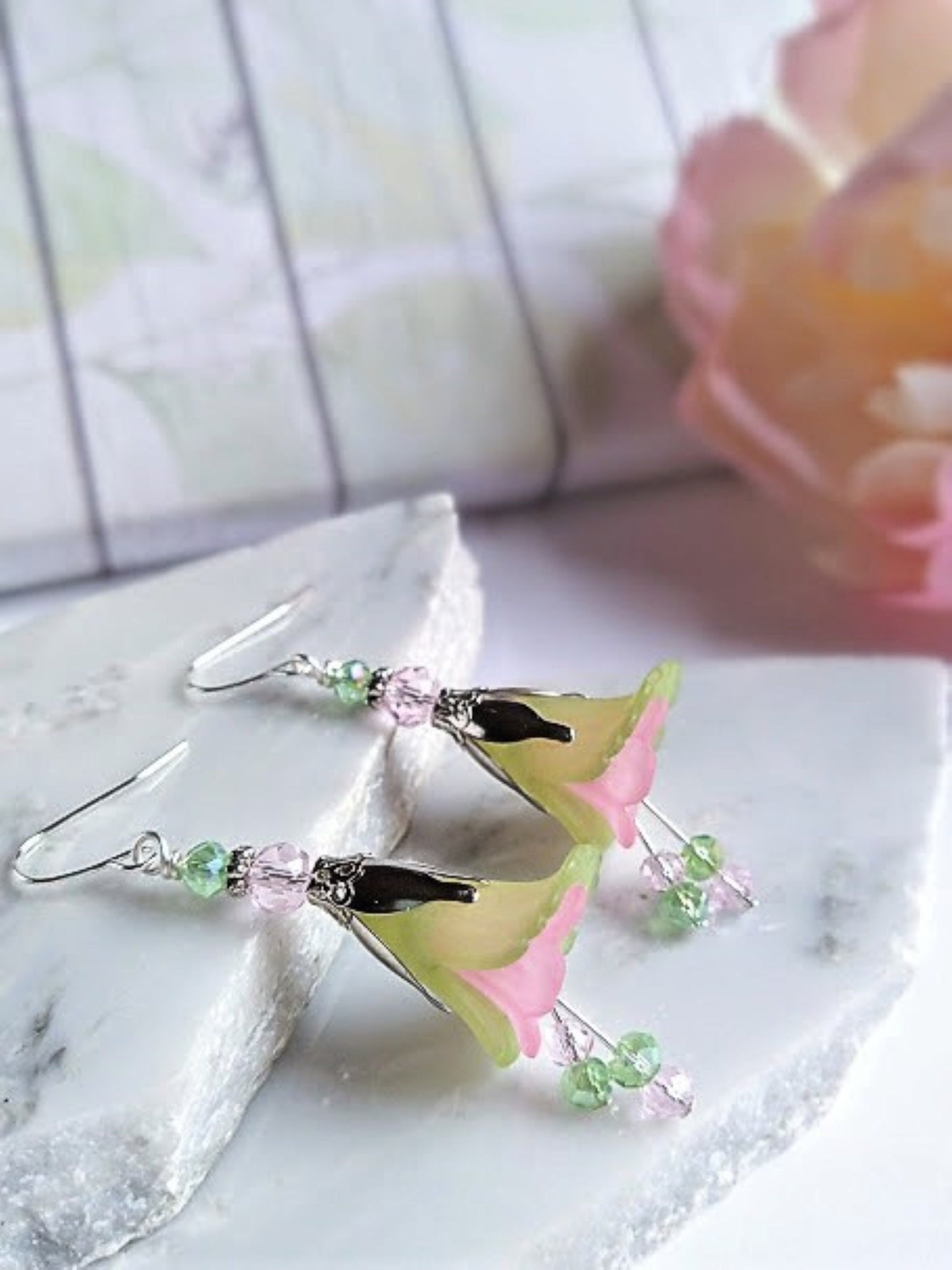 Flower Earrings, Green & Pink Floral Dangle Earrings, Garden Party Earrings, Flower Girl, Bridal Earrings, Floral Drop Earrings - Bad Apple Designs Jewelry