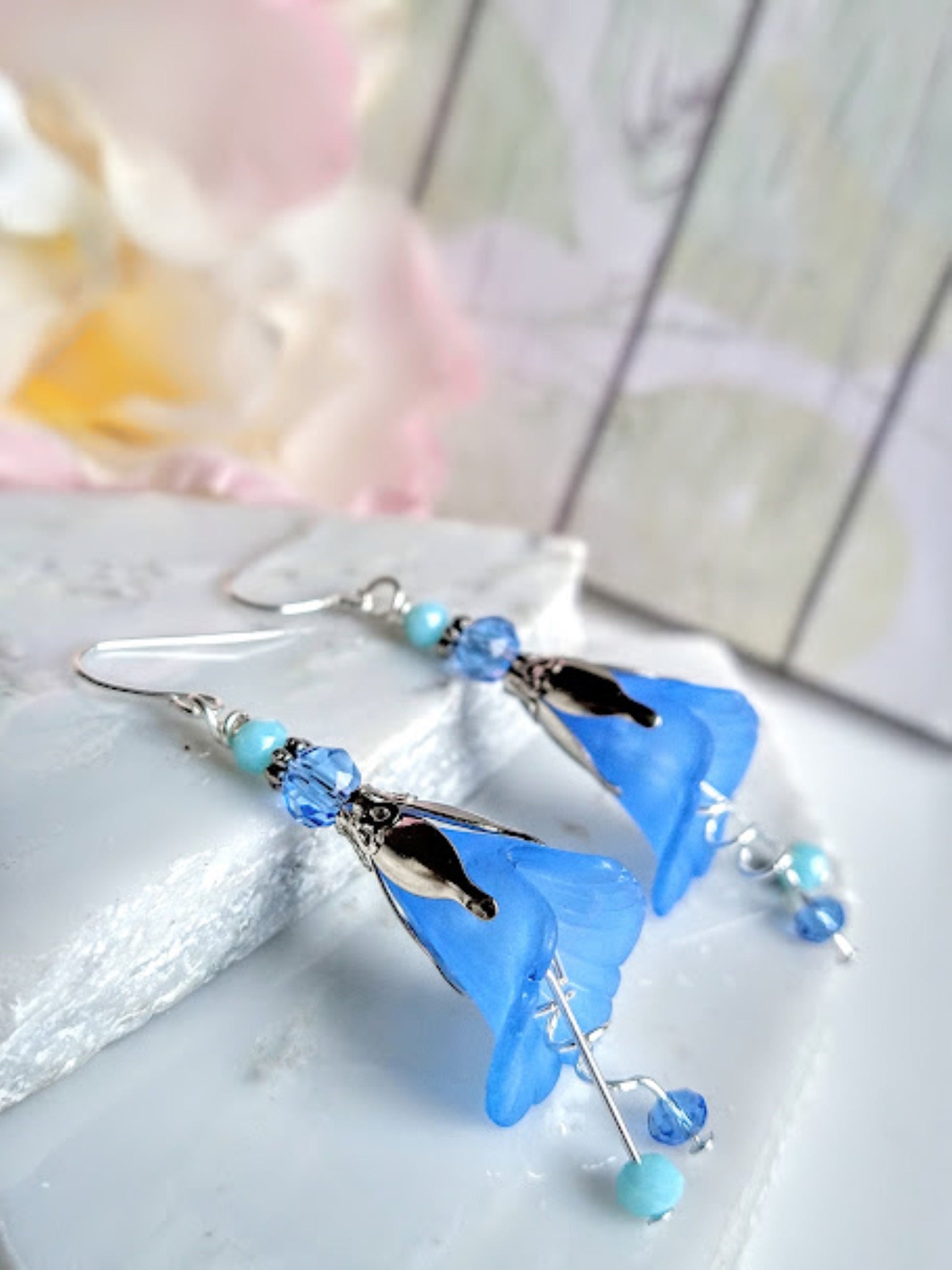 Blue Acrylic Flower Silver Dangle Earrings-Spring Garden Party-Bridal, Braidesmaid Floral - Bad Apple Designs Jewelry