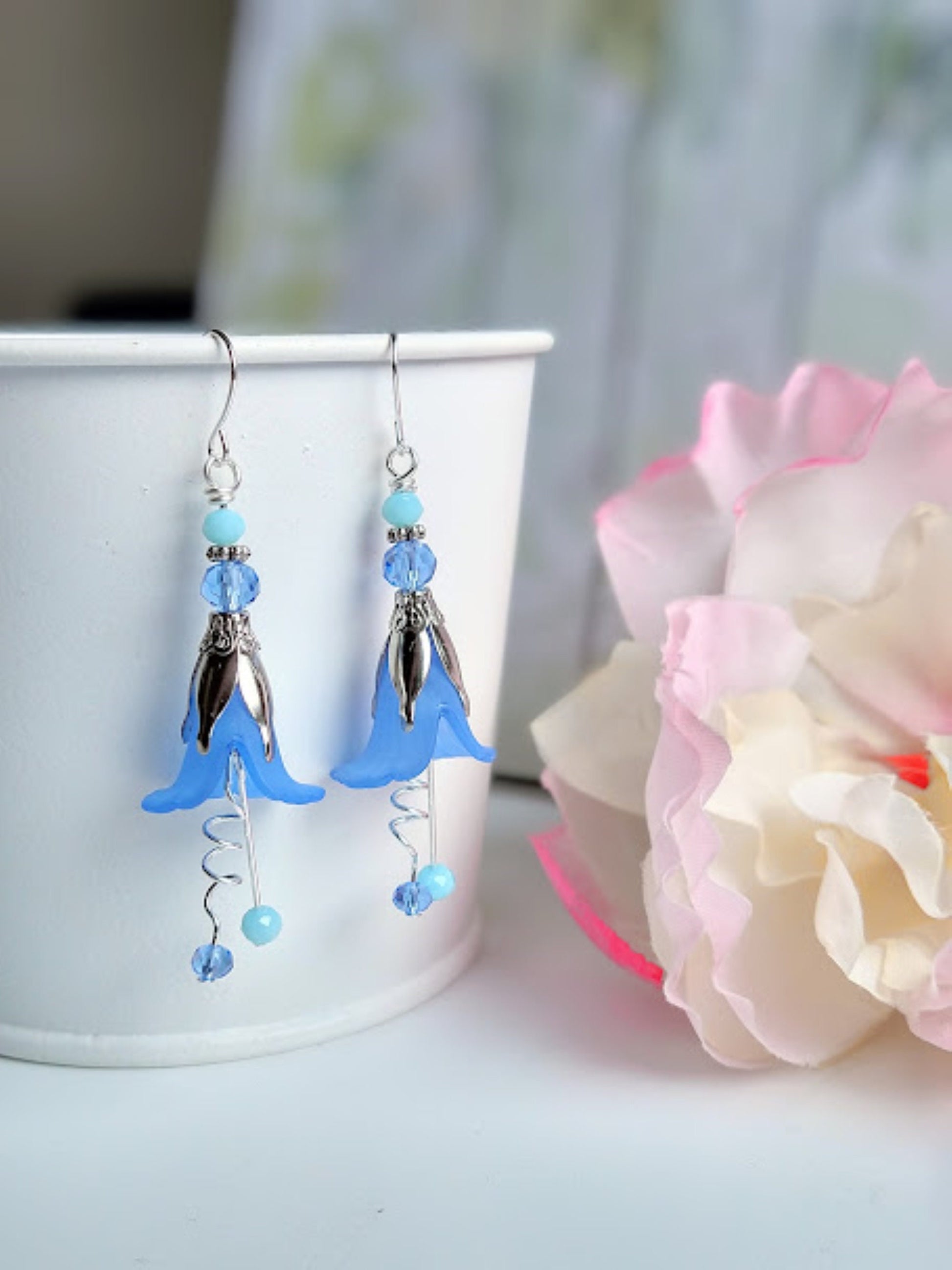 Blue Acrylic Flower Silver Dangle Earrings-Spring Garden Party-Bridal, Braidesmaid Floral - Bad Apple Designs Jewelry