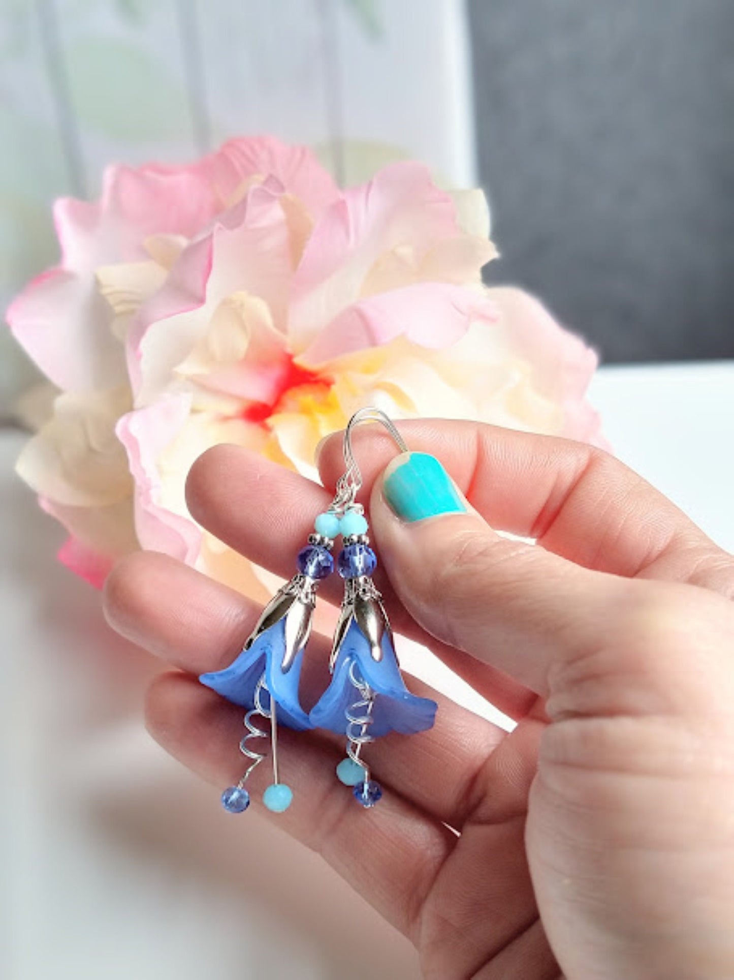 Blue Acrylic Flower Silver Dangle Earrings-Spring Garden Party-Bridal, Braidesmaid Floral - Bad Apple Designs Jewelry