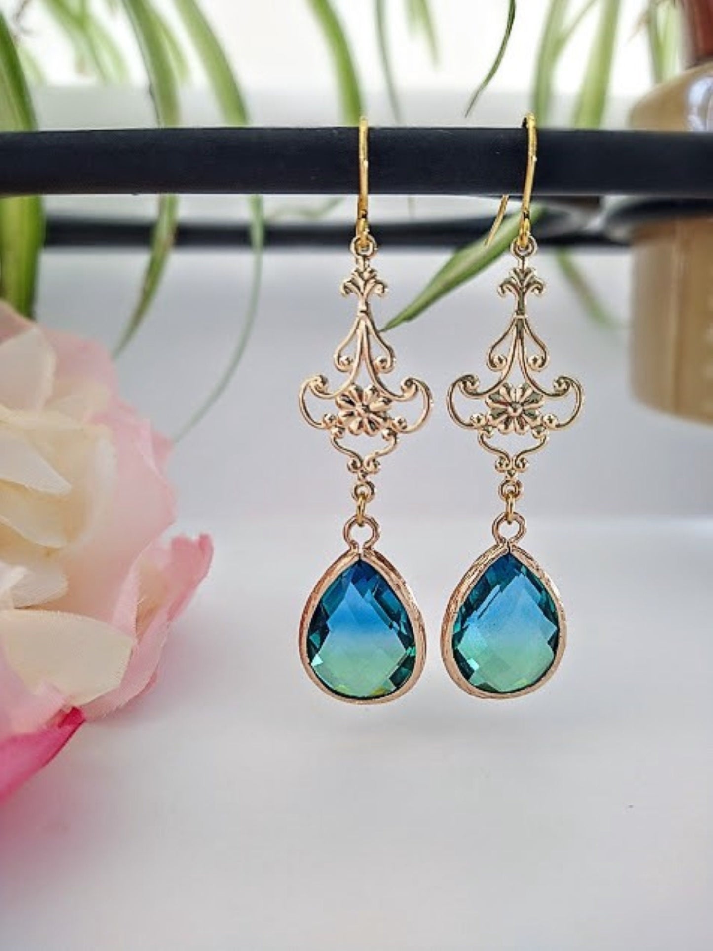 Blue & Green Gold Glass Teardrop Dangle Earrings, Minimalist Style, Bridal Drop Earrings, Multi Color, Gift For Her, Bridesmaid Earrings