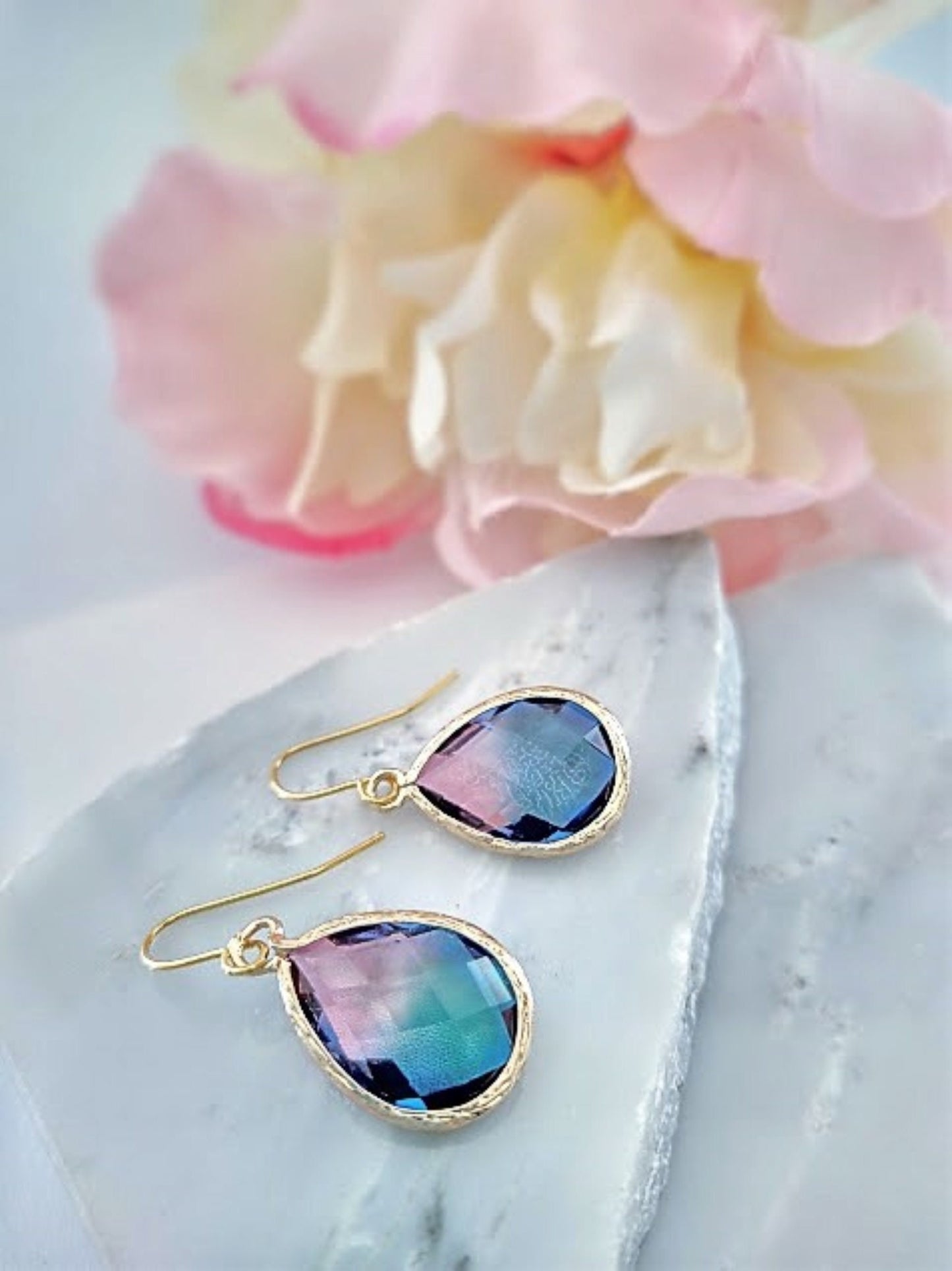 Blue & Purple Gold Glass Teardrop Dangle Earrings, Minimalist Style, Bridal Drop Earrings, Multi Color - Bad Apple Designs Jewelry