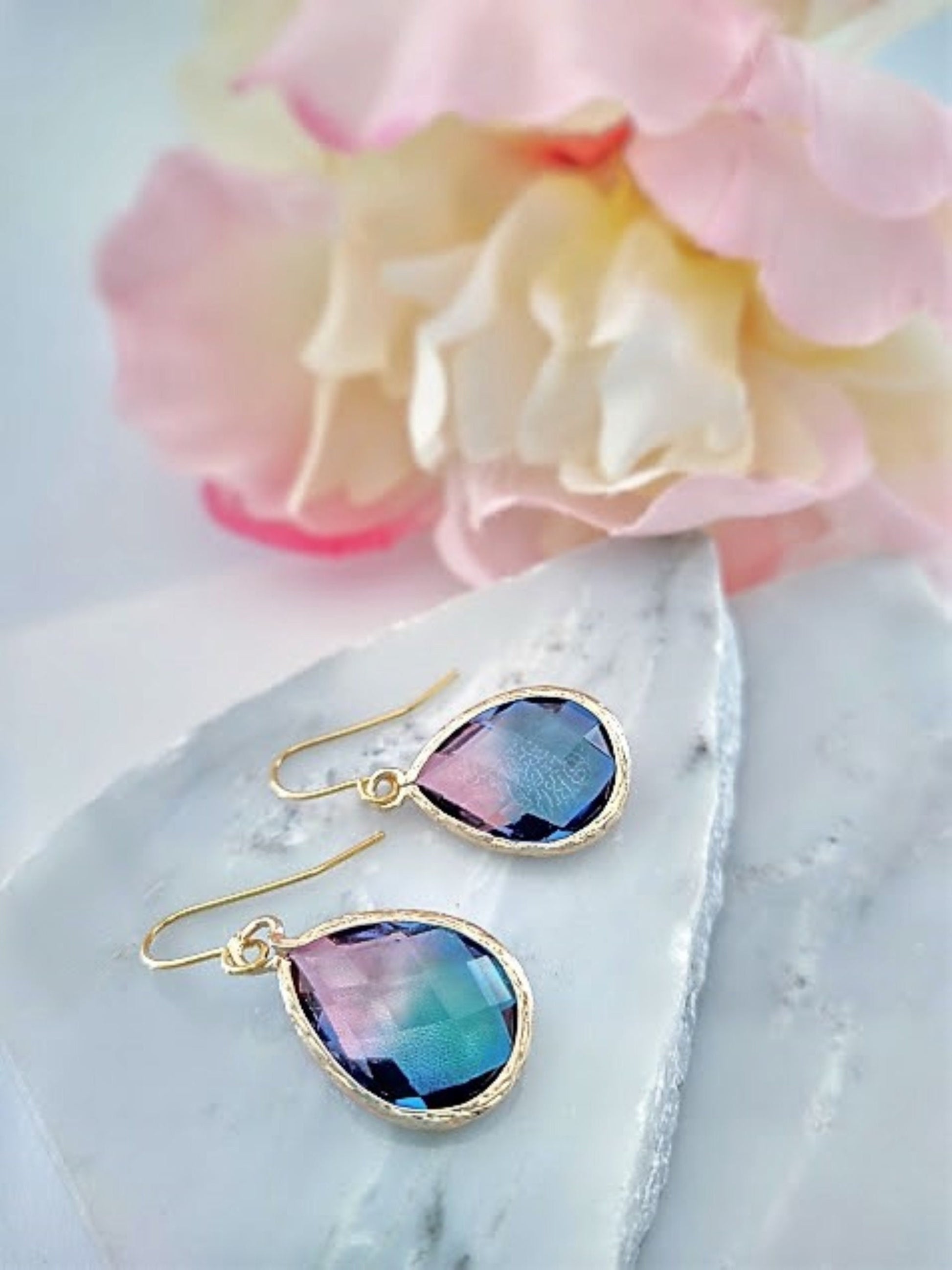 Blue & Purple Gold Glass Teardrop Dangle Earrings, Minimalist Style, Bridal Drop Earrings, Multi Color - Bad Apple Designs Jewelry