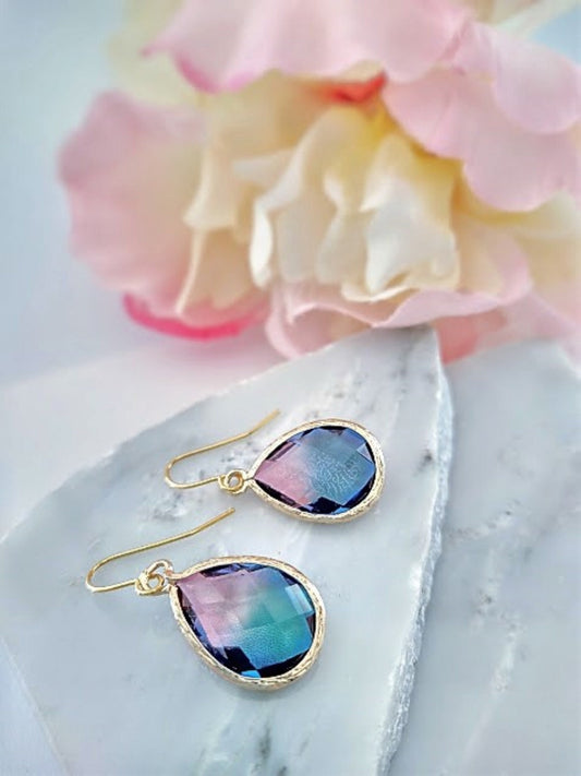 Blue & Purple Gold Glass Teardrop Dangle Earrings, Minimalist Style, Bridal Drop Earrings, Multi Color - Bad Apple Designs Jewelry