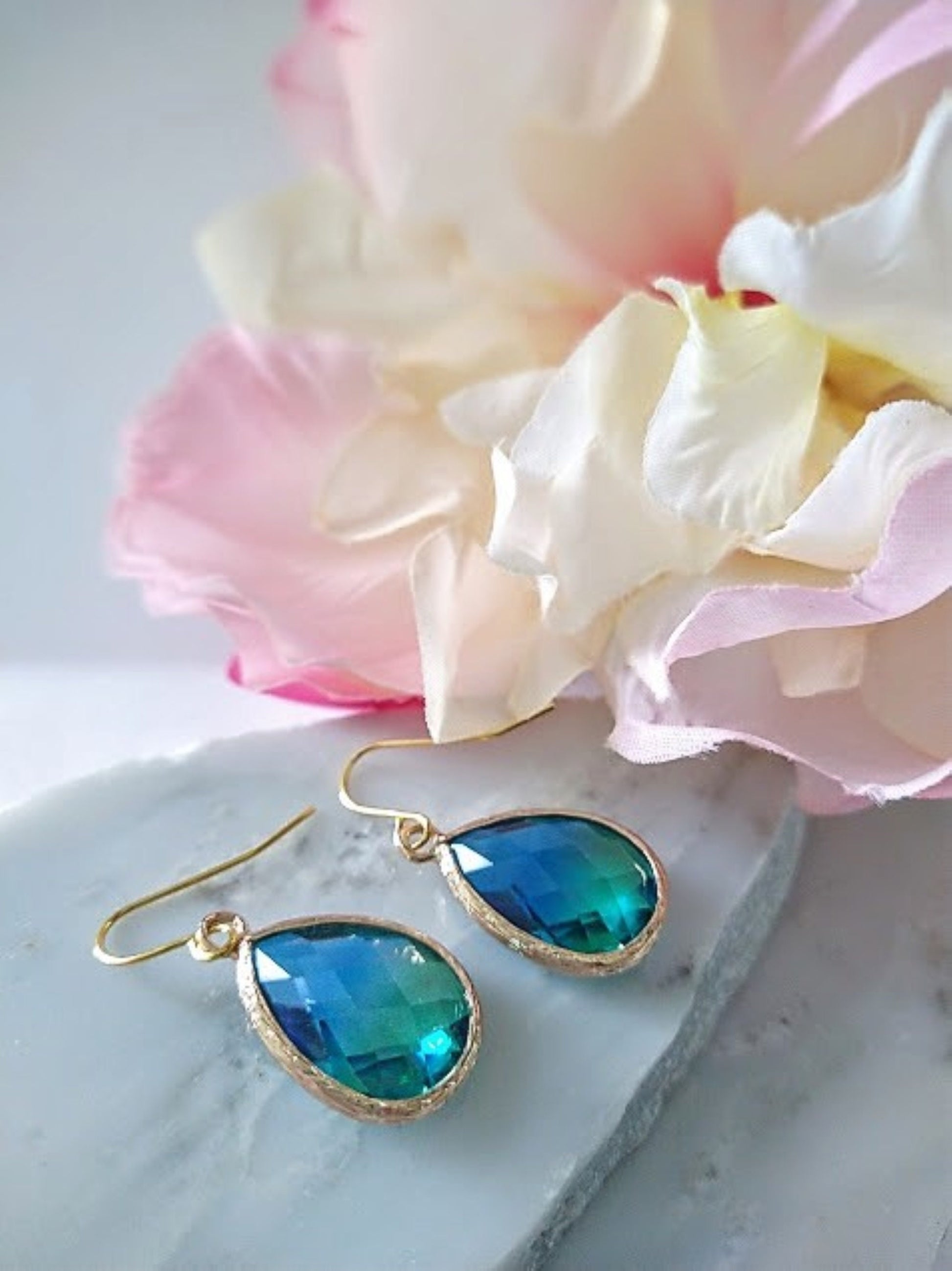 Blue & Green Gold Glass Teardrop Dangle Earrings, Minimalist Style, Bridal Drop Earrings, Multi Color - Bad Apple Designs Jewelry