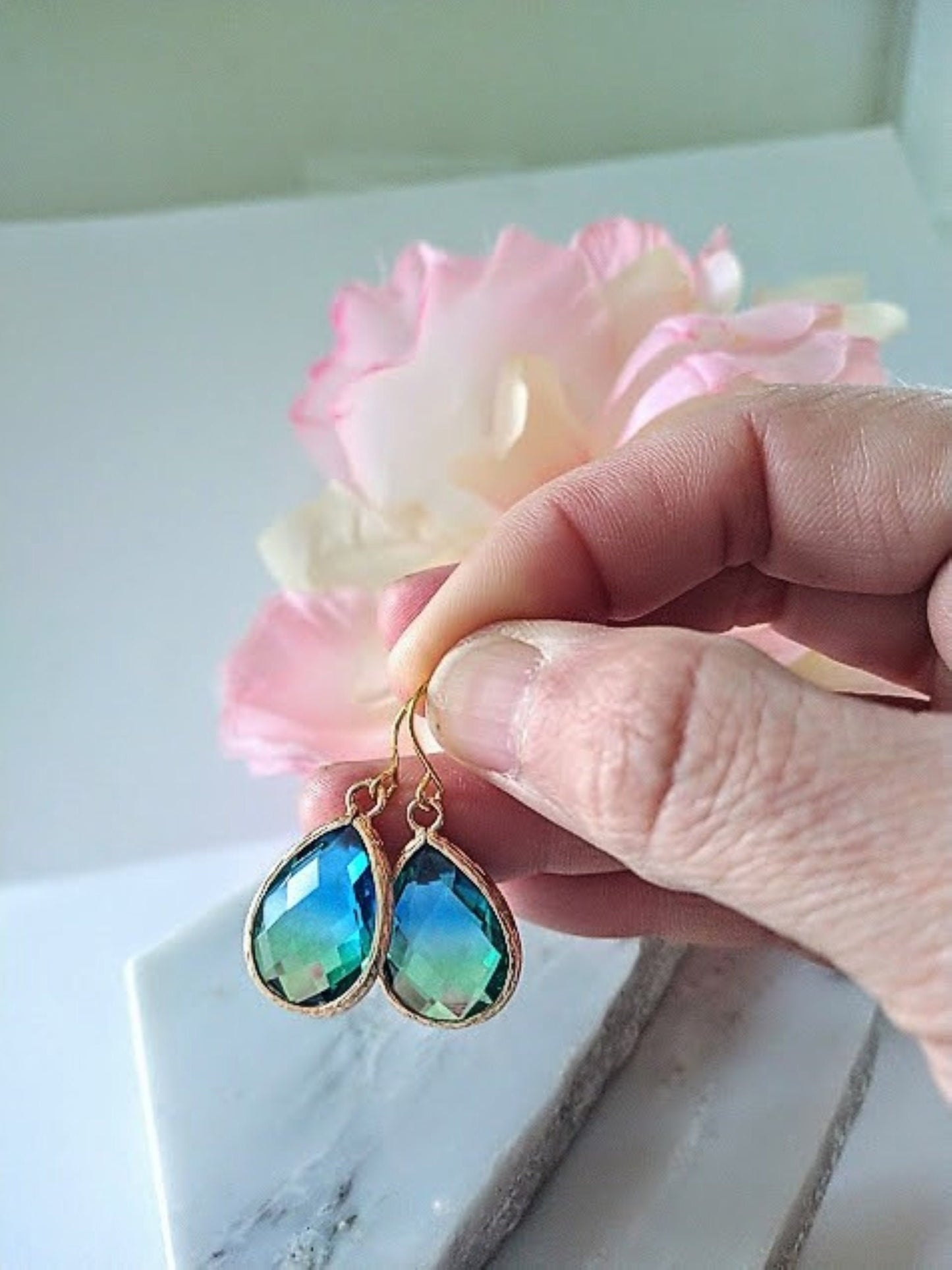 Blue & Green Gold Glass Teardrop Dangle Earrings, Minimalist Style, Bridal Drop Earrings, Multi Color - Bad Apple Designs Jewelry
