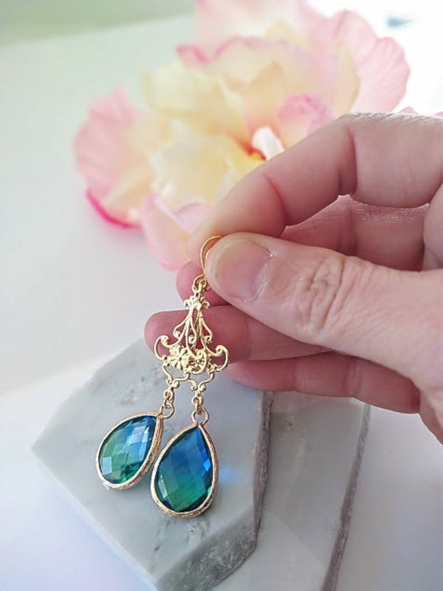 Blue & Green Gold Glass Teardrop Dangle Earrings, Minimalist Style, Bridal Drop Earrings, Multi Color, Gift For Her, Bridesmaid Earrings