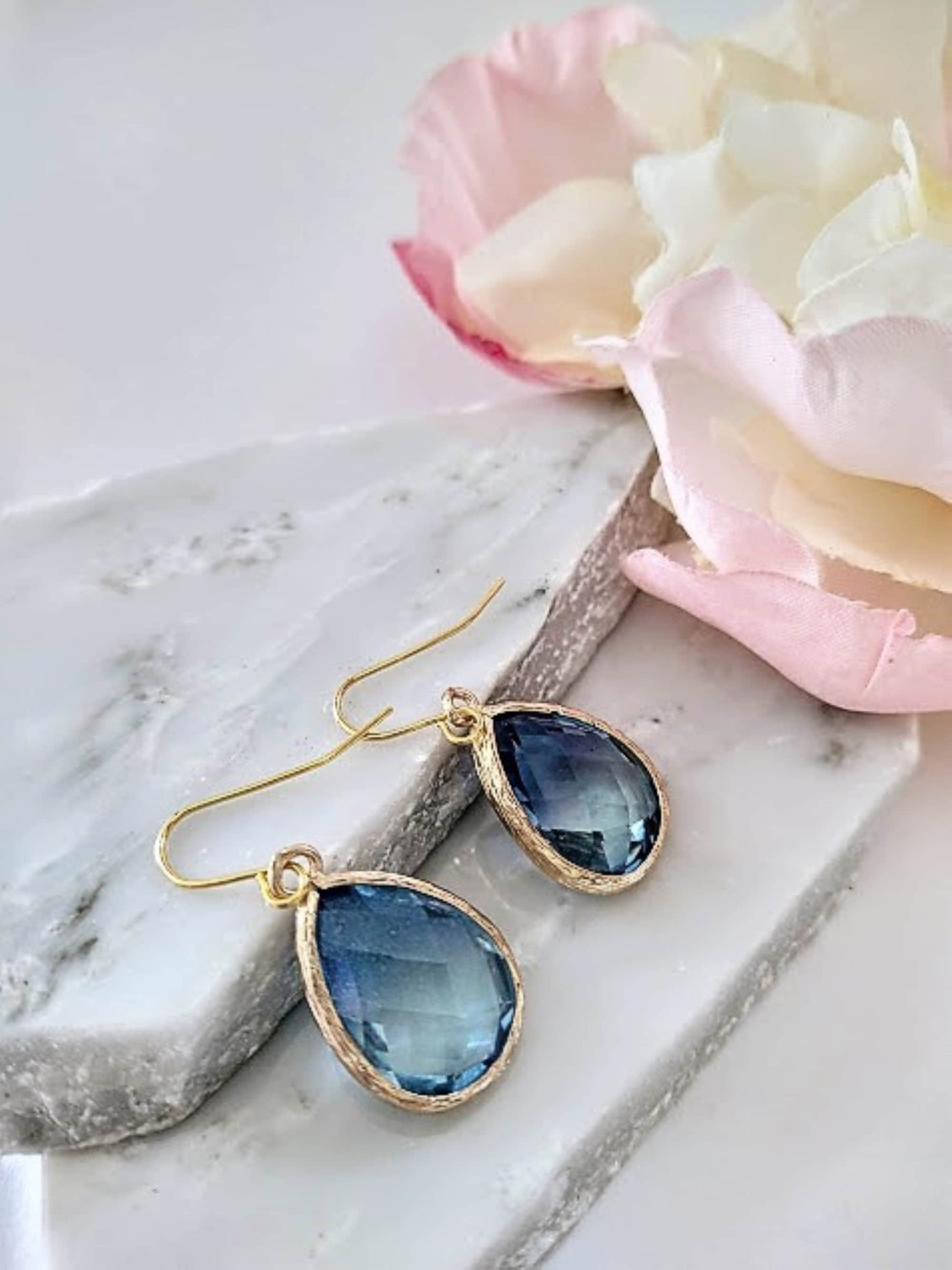 Blue & White Glass Teardrop Gold Dangle Earrings, Minimalist Style, Bridal Drop Earrings, Multi Color - Bad Apple Designs Jewelry