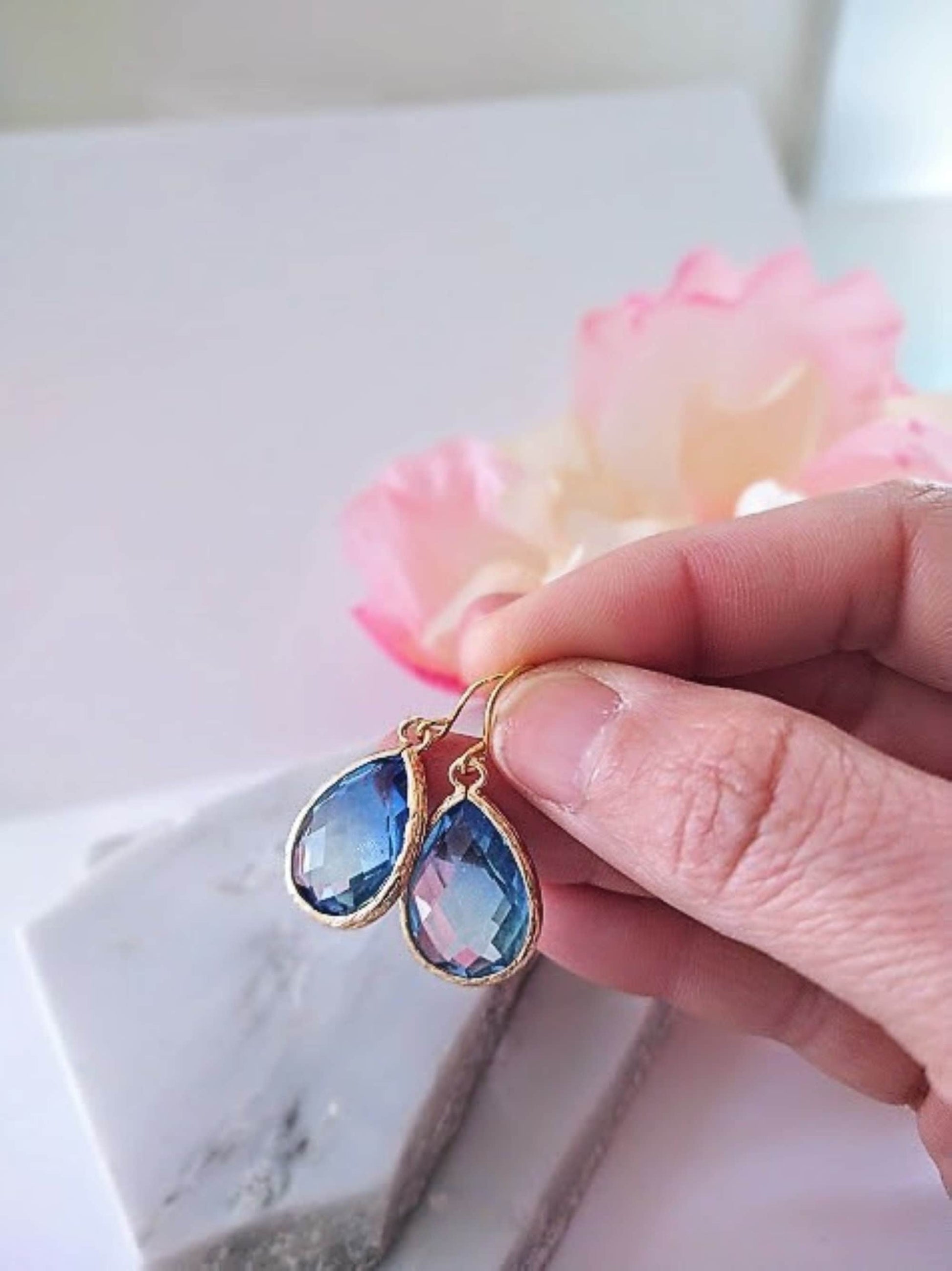 Blue & White Glass Teardrop Gold Dangle Earrings, Minimalist Style, Bridal Drop Earrings, Multi Color - Bad Apple Designs Jewelry