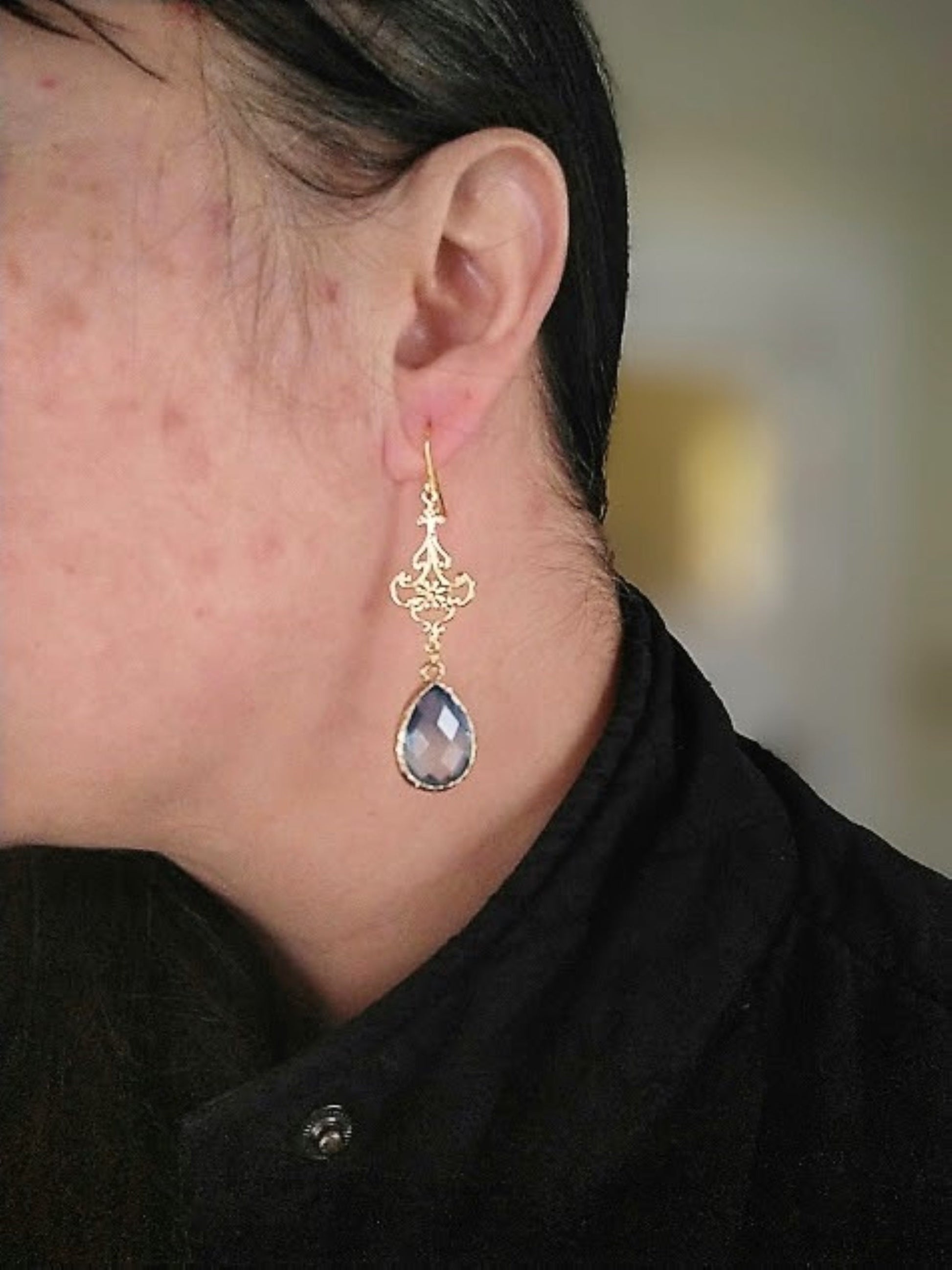 Blue & White Glass Teardrop Gold Dangle Earrings, Minimalist Style, Bridal Drop Earrings, Multi Color, Chandelier, Link - Bad Apple Designs Jewelry