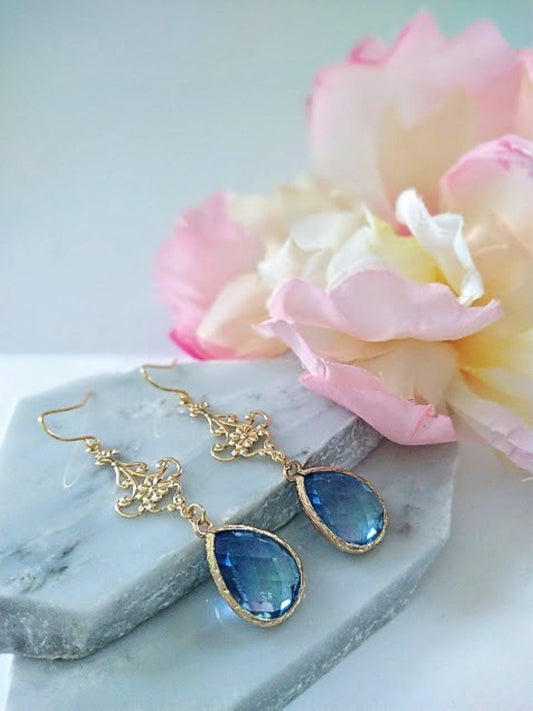 Blue & White Glass Teardrop Gold Dangle Earrings, Minimalist Style, Bridal Drop Earrings, Multi Color, Chandelier, Link - Bad Apple Designs Jewelry