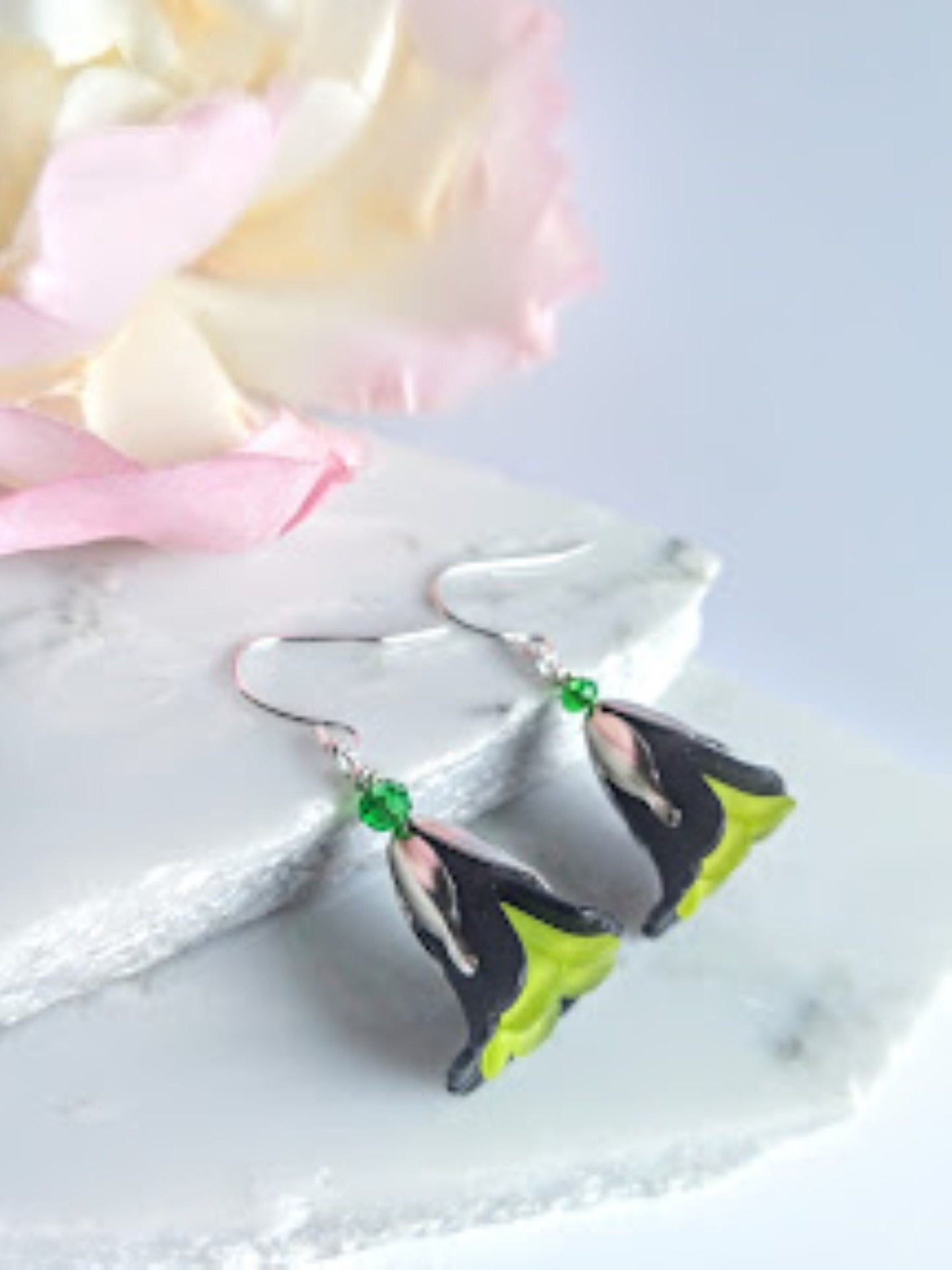 Black Acrylic Flower Silver Dangle Earrings, Lucite Floral Fashion Earrings, Garden Wedding, Beach Wedding, Spring Bridal - Bad Apple Designs Jewelry