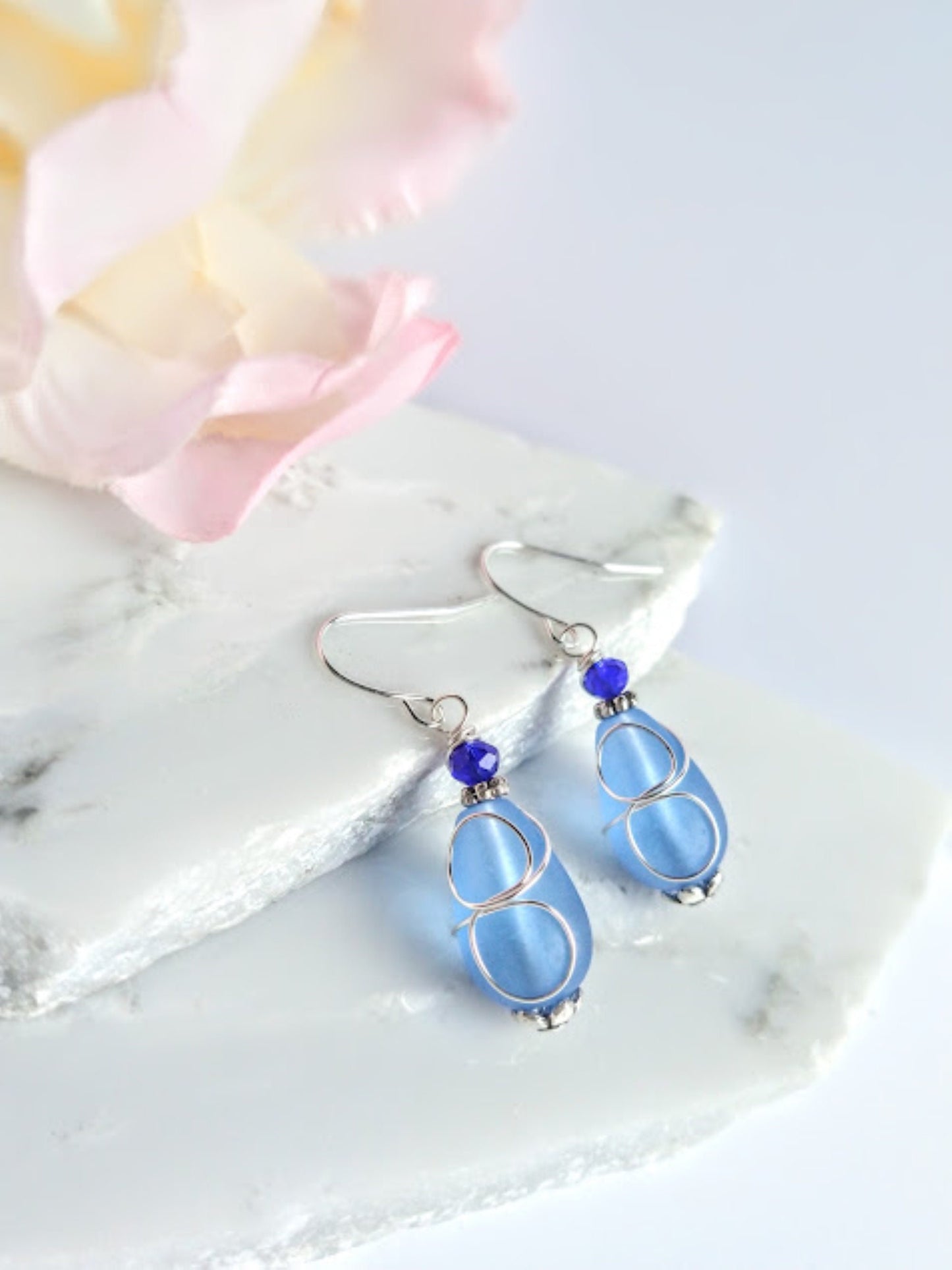 Cobalt Blue Sea Glass Earrings, Wire Wrap Sea Foam Sea Glass Earrings, Tear Drop Dangling Ear Rings, Eco & Allergy Free Beachy Jewelry - Bad Apple Designs Jewelry