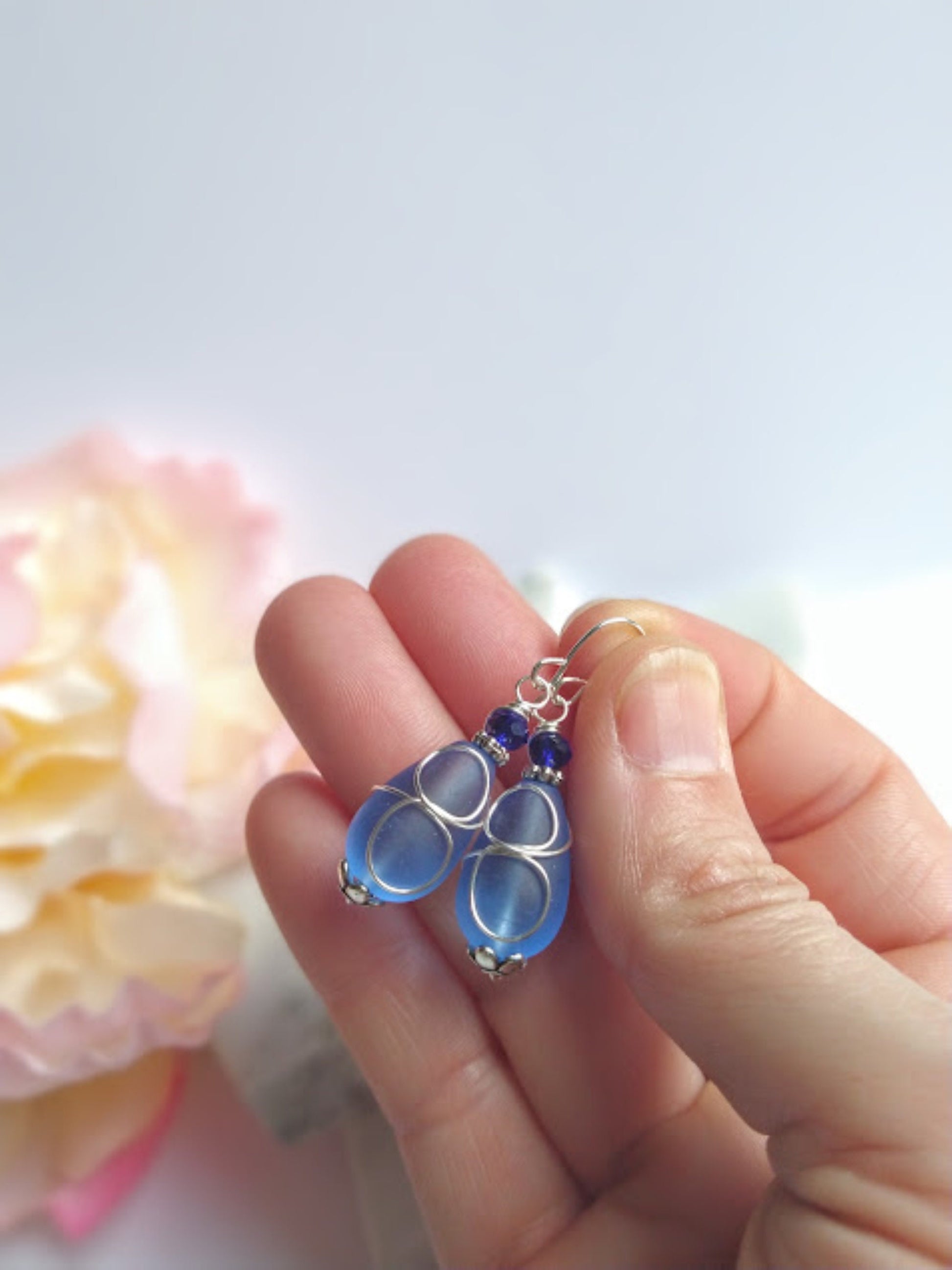 Cobalt Blue Sea Glass Earrings, Wire Wrap Sea Foam Sea Glass Earrings, Tear Drop Dangling Ear Rings, Eco & Allergy Free Beachy Jewelry - Bad Apple Designs Jewelry