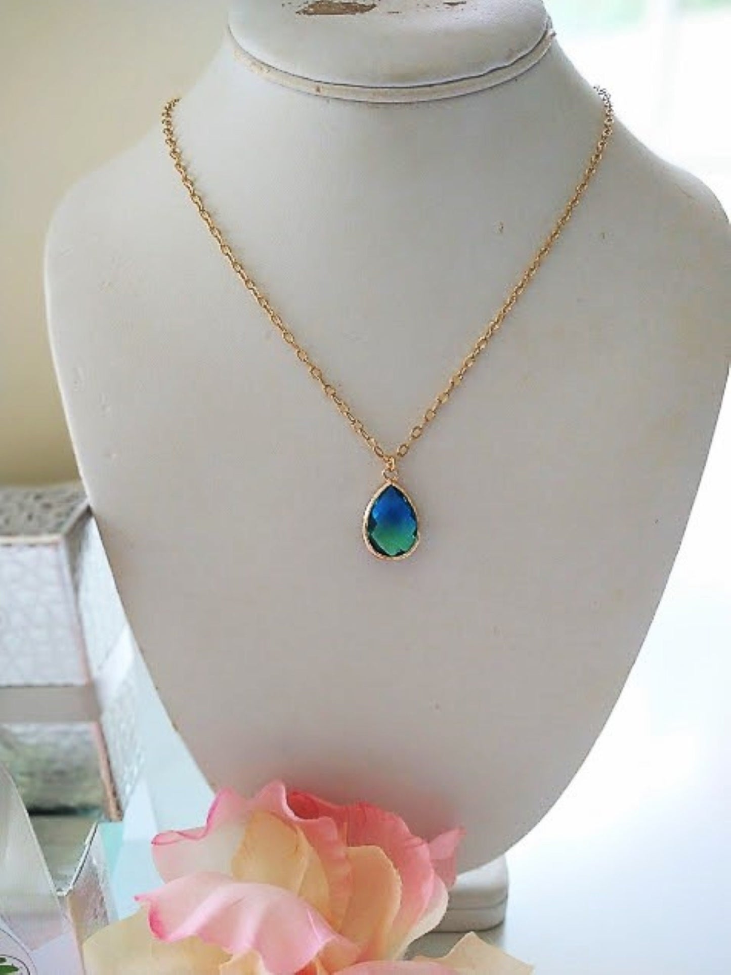 Faceted Sapphire Emerald Teardrop Minimalist Necklace by Bad Apple Designs, Bridal Jewelry, Bridesmaid Necklaces, Gift For Her, Dainty
