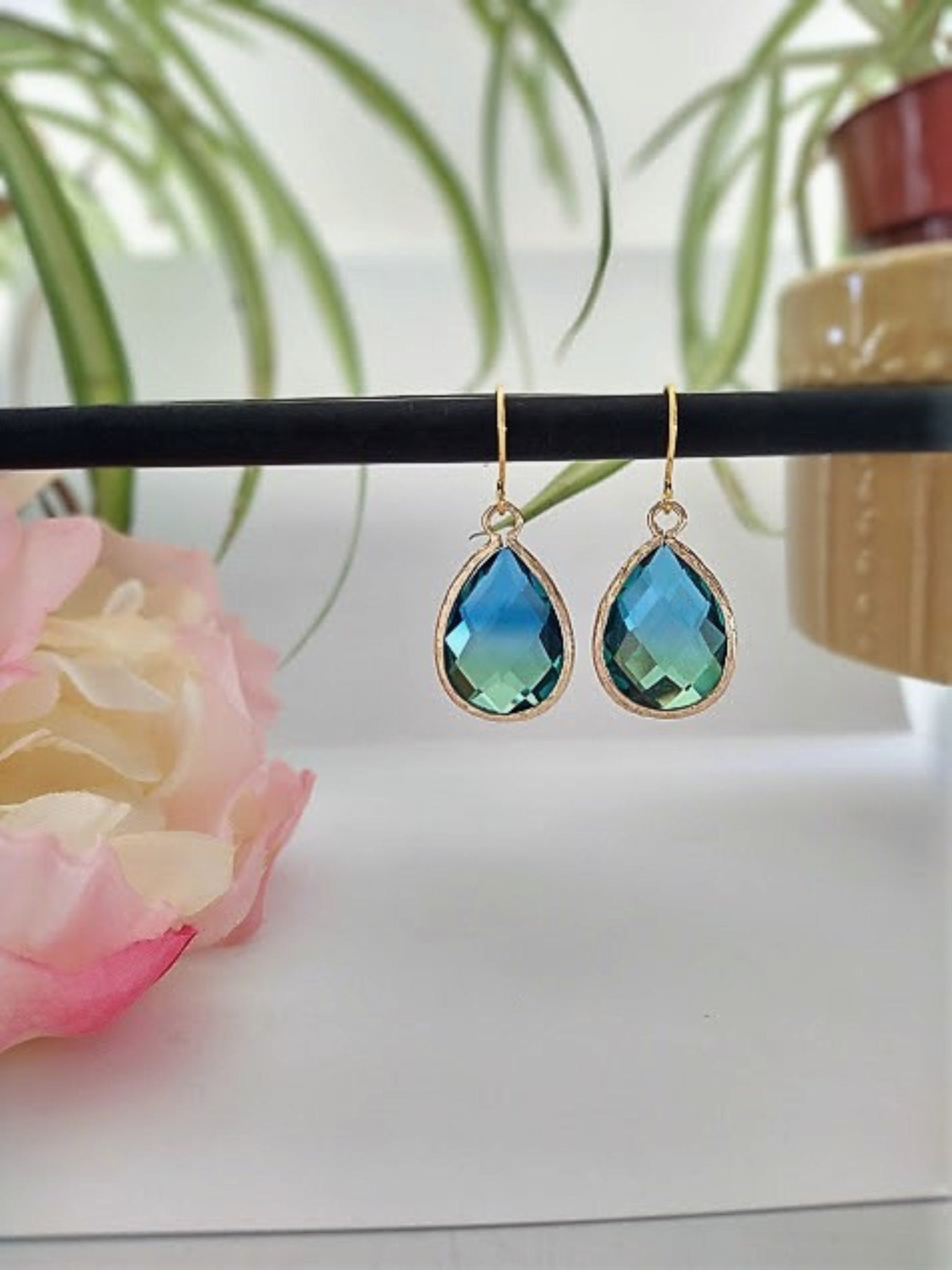 Blue & Green Gold Glass Teardrop Dangle Earrings, Minimalist Style, Bridal Drop Earrings, Multi Color - Bad Apple Designs Jewelry